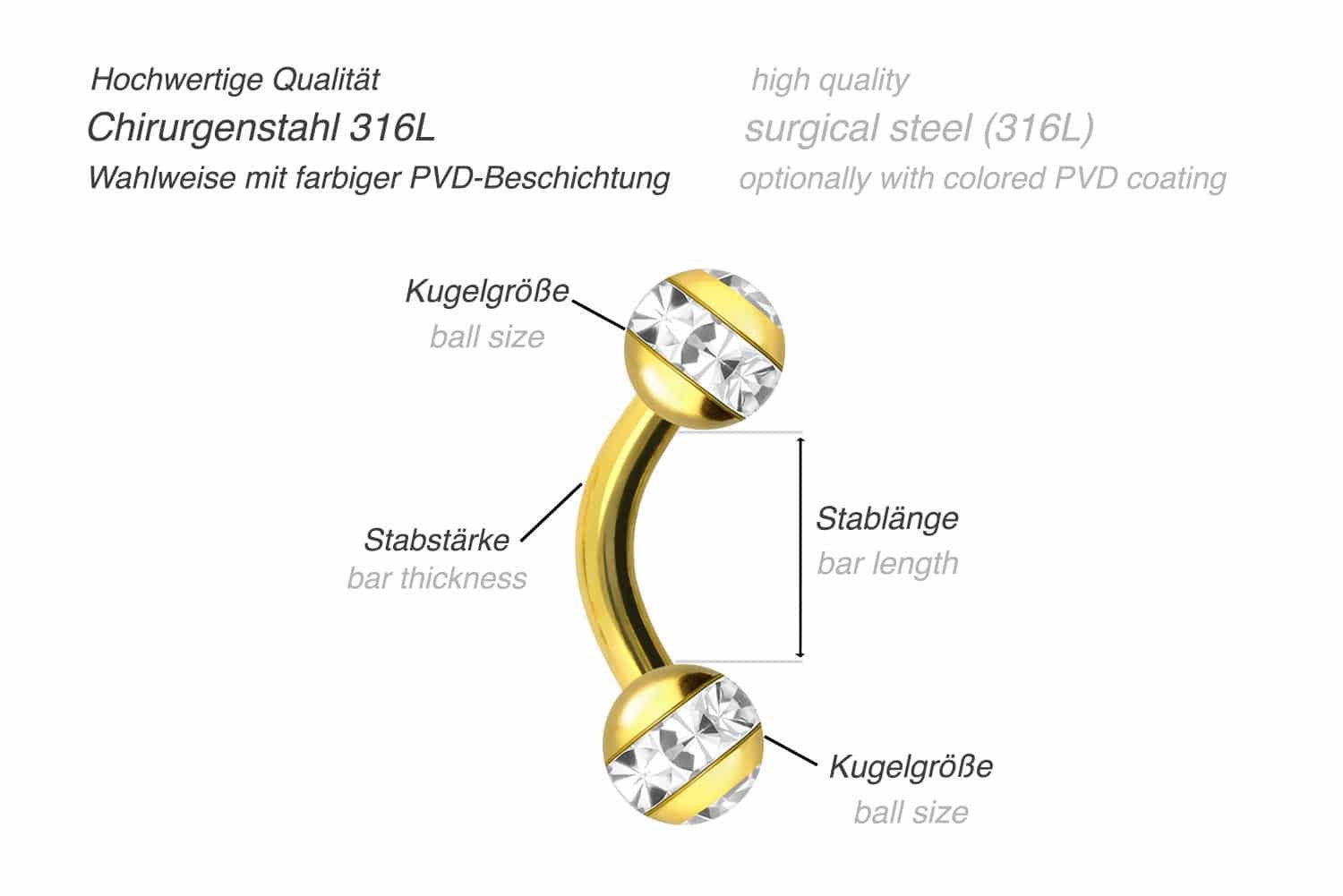 PIERCINGLINE Bauchnabelpiercing Chirurgenstahl Banane EPOXY-RING-KUGELN + KRISTALLE (Bananen, 1-tlg)