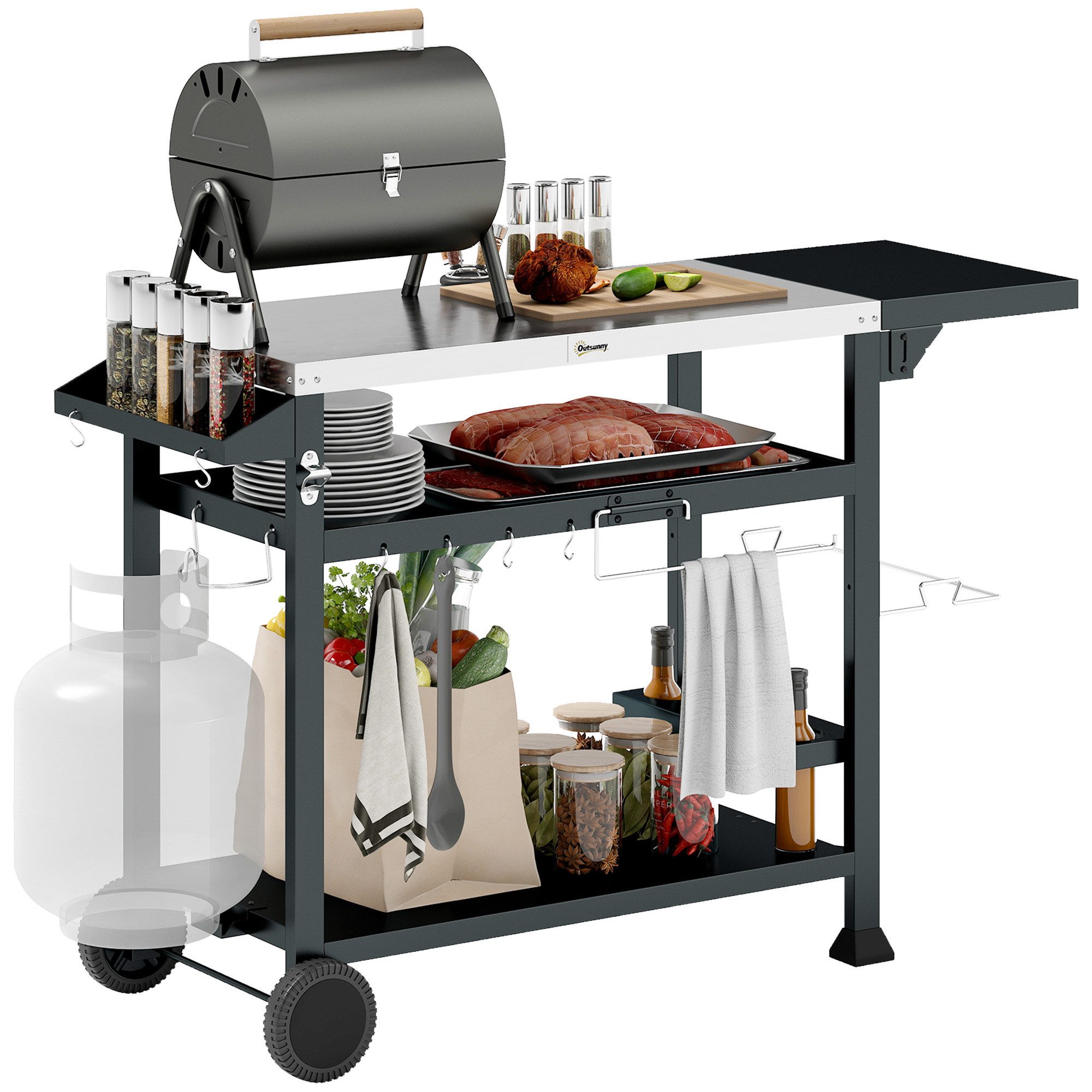 Outsunny Servierwagen Grilltisch mit klappbarem Beistelltisch, (Servierwagen, 1 St., Grill Trolley), mit Tischplatte aus Edelstahl für Outdoor, Schwarz