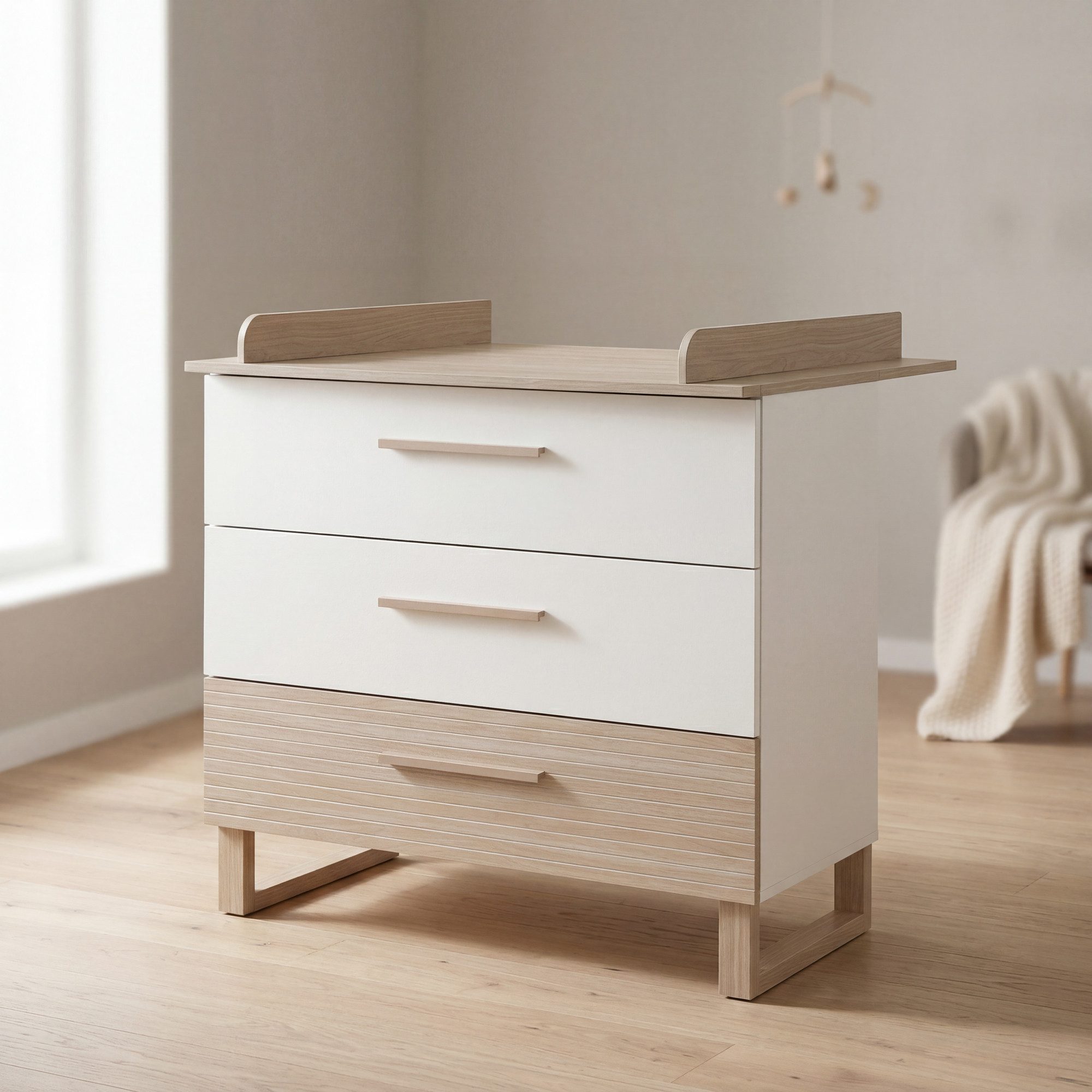 roba® Wickelkommode Noah - moderne Wickelkommode in Scandi Design mit Fräsungen, Füße & Griffe aus Massivholz - mit Wickelansatz - Weiß & Walnuss