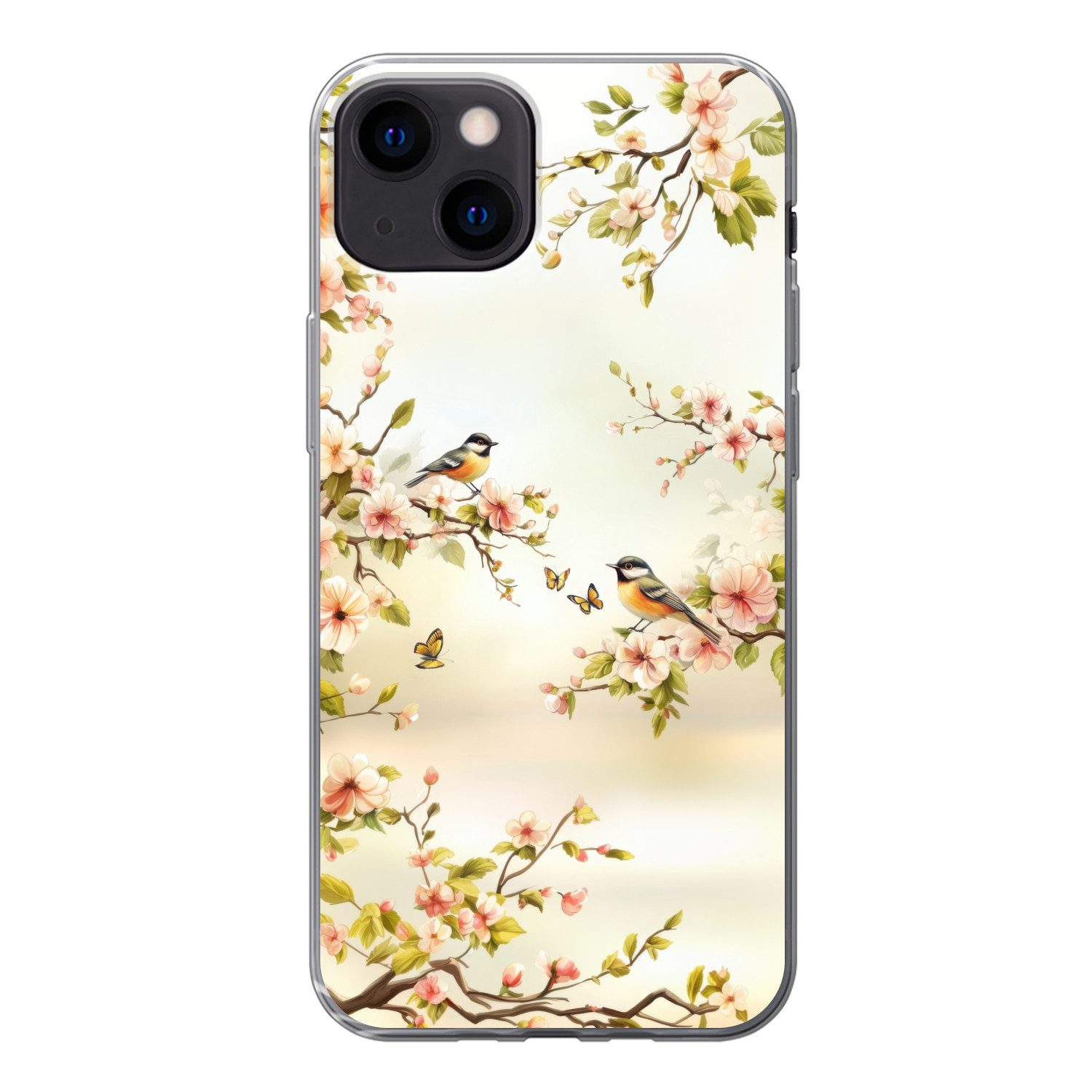MuchoWow Handyhülle für Apple iPhone 13 Äste - Blumen - Vögel - Rosa, Smartphone-Bumper, Print, Handy Schutzhülle Dünn