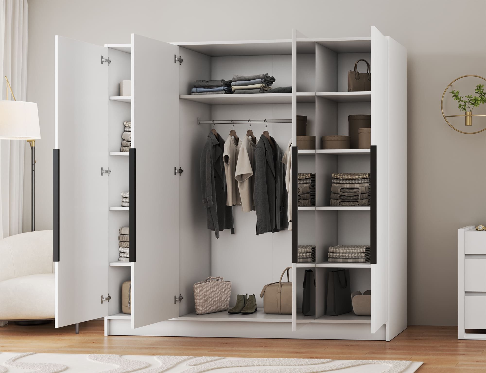 MOEBLO Drehtürenschrank Silvara 200 (Kleiderschrank, 4-türig, mit Spiegel, 10 Einlegeböden und Kleiderstangen, BxHxT 200x200x51 cm, Weiß, Kaschmir oder Schwarz) (BxHxT): 200 x 200 x 51 cm