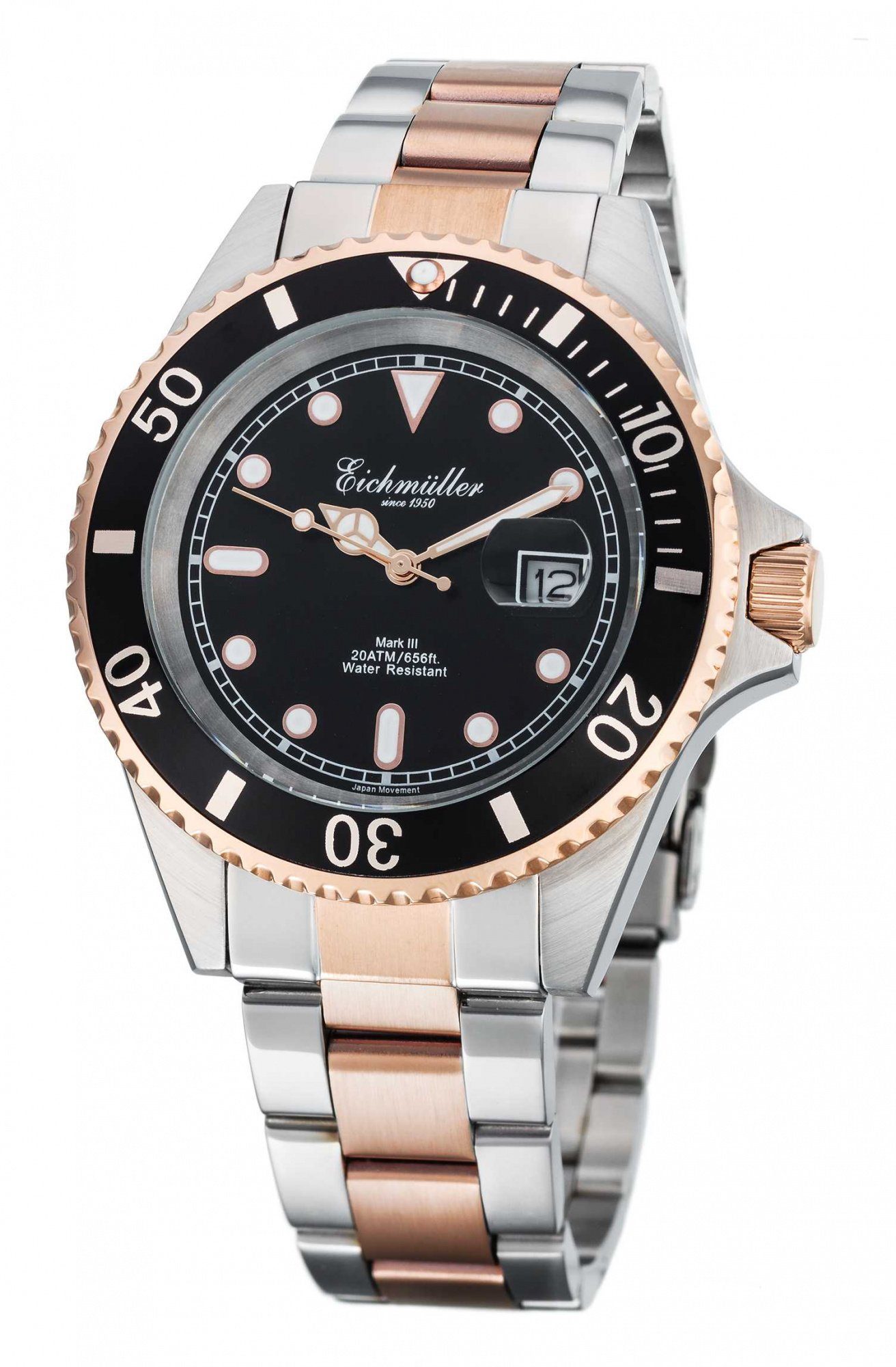 Eichmüller Taucheruhr Herrenuhr Bicolor Schwarz 20 ATM Edelstahlband 43 mm 3460-11, Sportlich und Stilvoll, mit Datumslupe