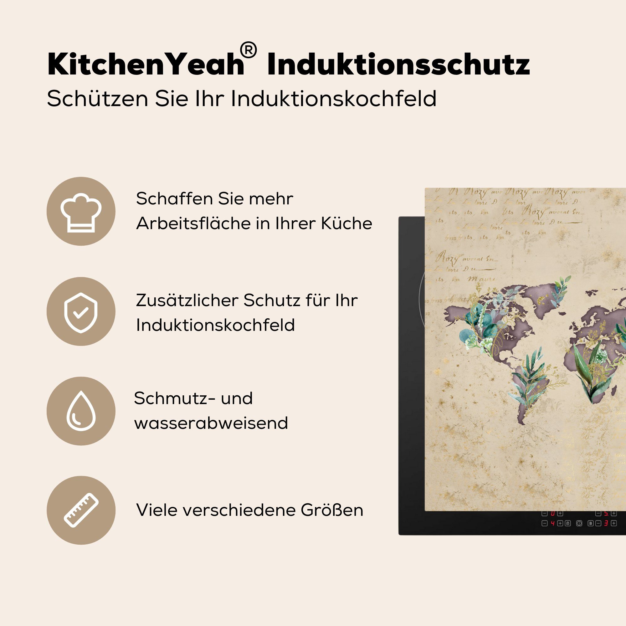 Vintage Vinyl, Arbeitsplatte für (1 Weltkarte - Ceranfeldabdeckung, - tlg), Herdblende-/Abdeckplatte küche MuchoWow 78x78 Gold, cm,