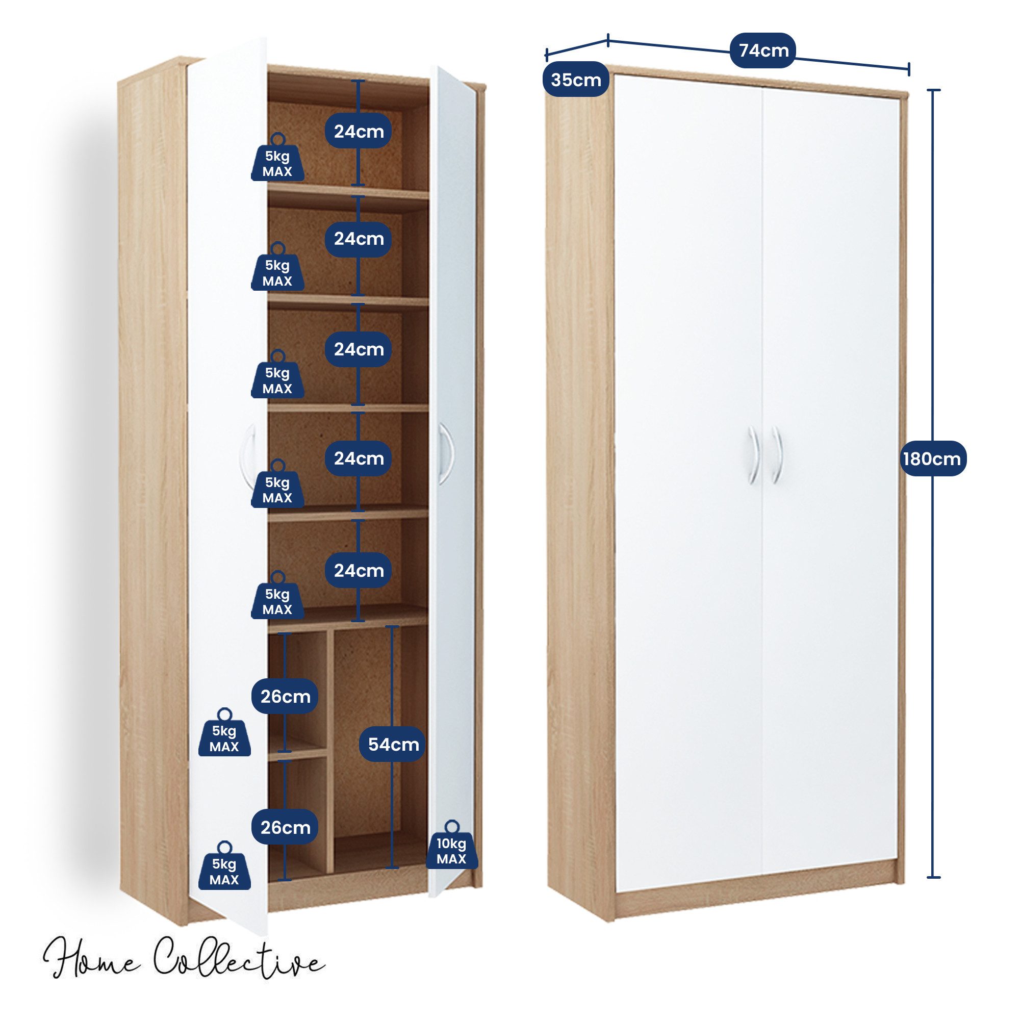 Home Collective Mehrzweckschrank mit 8 Fächern Besenschrank Haushaltsschrank (74 cm breit aus Laminatplatte und hochwertigen Polymergriffen) in mattem Finish mit 6 Einlegeböden und 2 Türen sonoma weiß