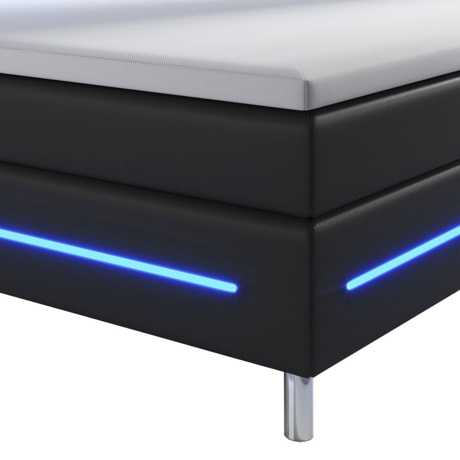 Juskys Boxspringbett Norfolk, 200 LED-Beleuchtung mit 140 cm, Kopfteil und Federkernmatratze, Bett schwarz Topper, x