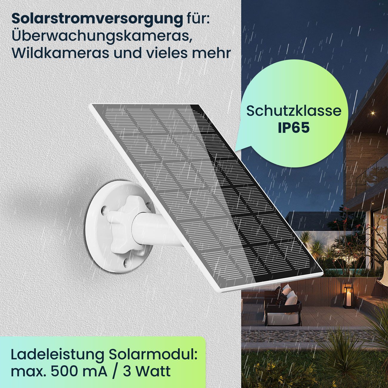 Casativo 3W Solarpanel (USB-C, IP65): Solare Stromversorgung für IP-Kameras Solar Panel, Auch zum Laden anderer Elektrogeräte geeignet