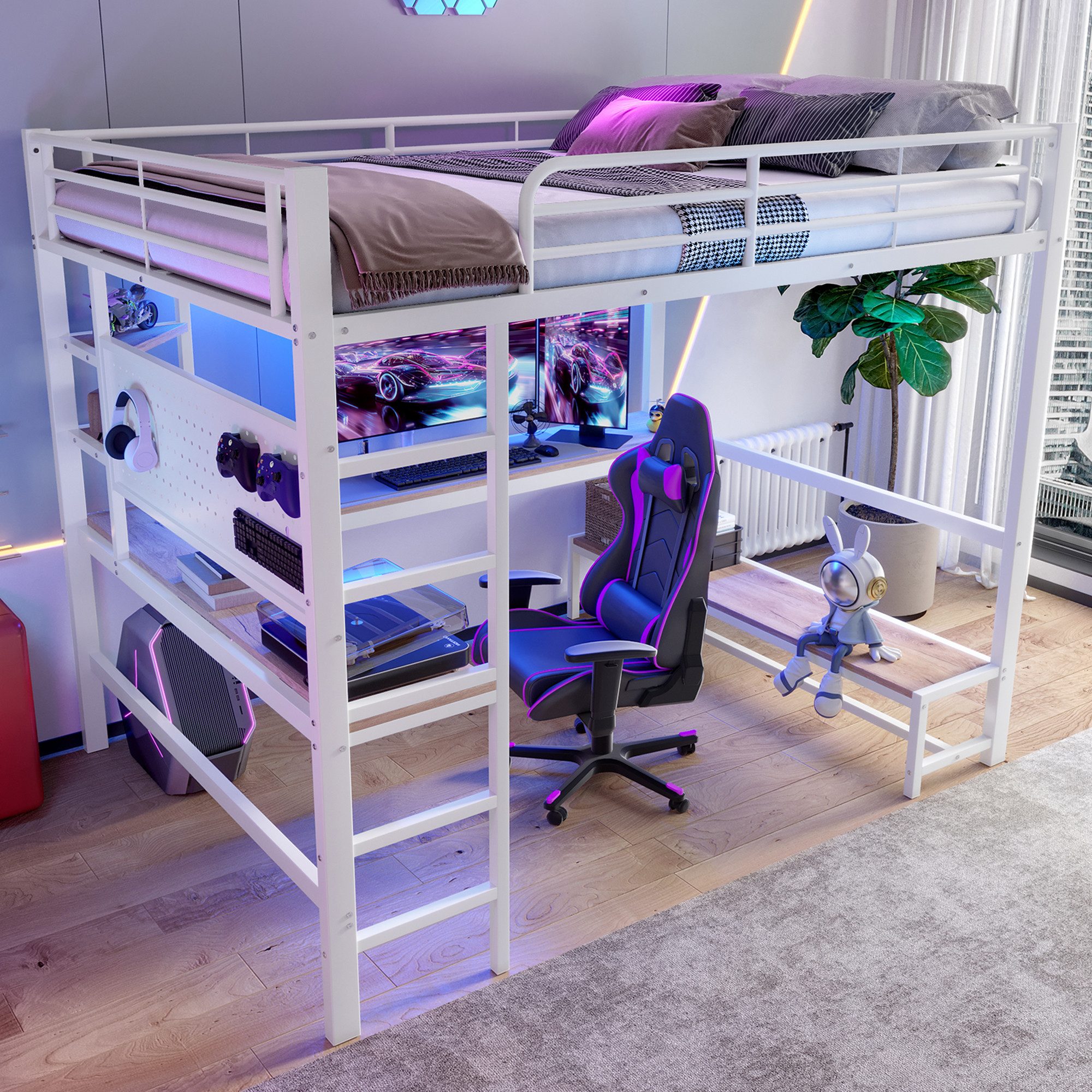 Flieks Hochbett Metallbett 140x200cm mit LED-Leiste, USB-Laden und Schreibtisch – Bild 3 von 5