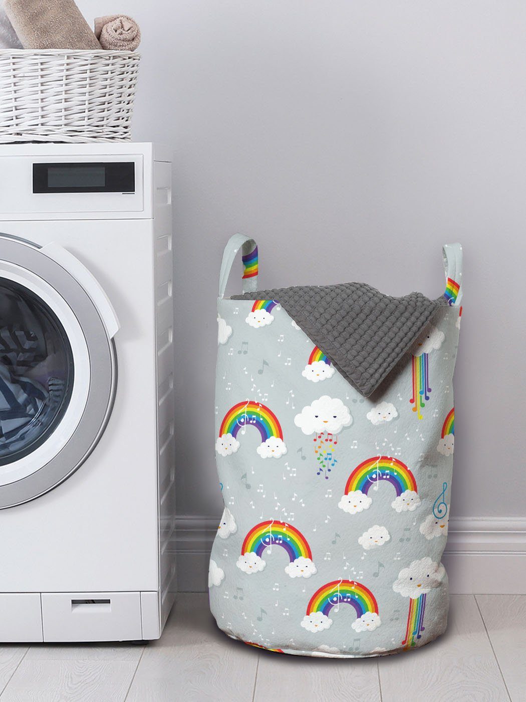 mit Zusammensetzung Abakuhaus Wäschekorb Wäschesäckchen Kordelzugverschluss für Karikatur-Baby Griffen Wolken Waschsalons, Regenbogen