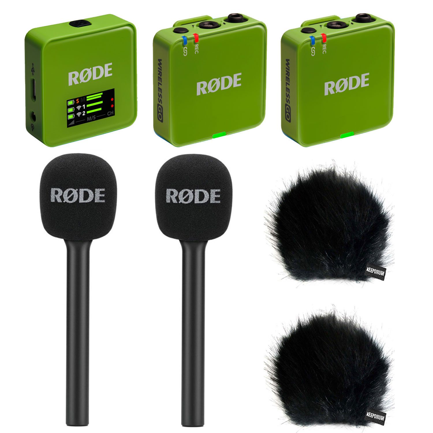 RØDE Rode Mikrofon-Funksystem Wireless GO Gen 3 Grün Interview Set 2 BK Digitales Aufnahmegerät (Vorteils-Set mit Handadapter und Windschutz)