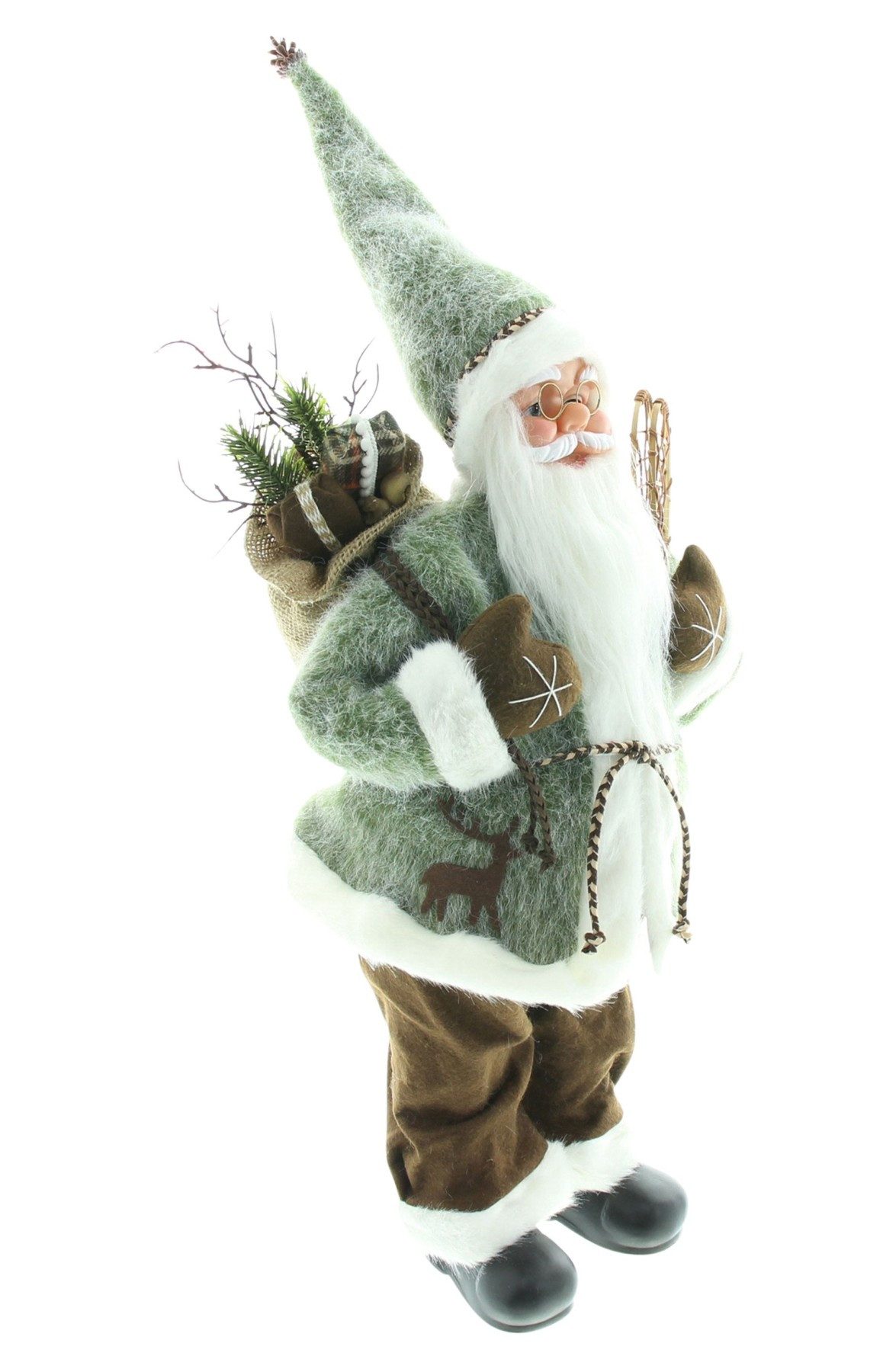 Dekoleidenschaft Weihnachtsmann "Santa" 60 cm hoch, Dekofigur mit Schneeschuhen & Geschenke-Sack, Weihnachtsfigur, Nikolaus, Santa Claus Figur, Weihnachtsmannfigur