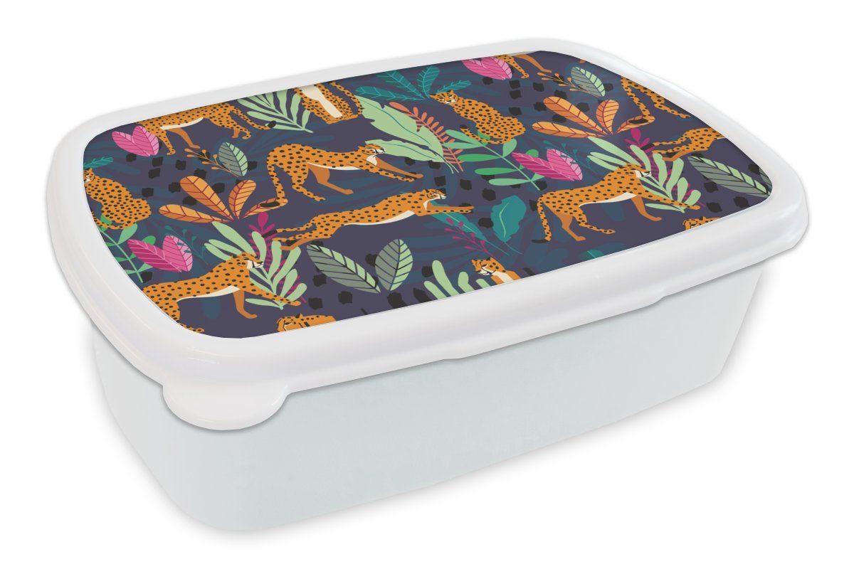MuchoWow Lunchbox Muster - Gepard - Dschungel, Kunststoff, (2-tlg), Brotbox für Kinder und Erwachsene, Brotdose, für Jungs und Mädchen weiß