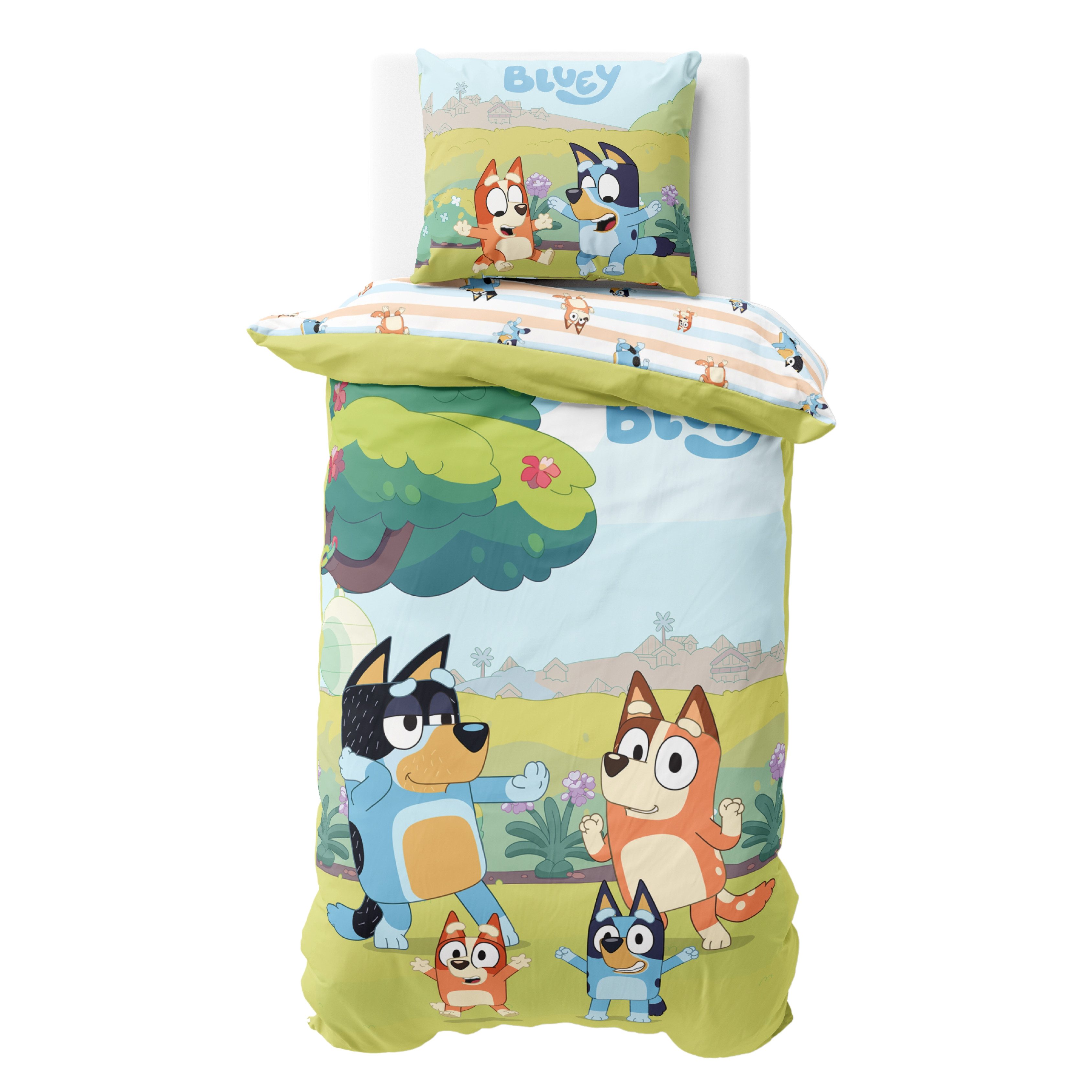 Kinderbettwäsche Bluey Renforcé in 135x200 + 80x80 cm, Geschenkidee Schulanfang