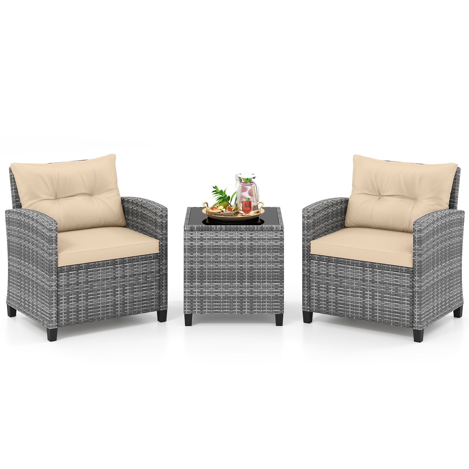 COSTWAY Balkonset, (3-tlg), Rattan Gartenmöbel Set, Balkonmöbel klein mit Kissen