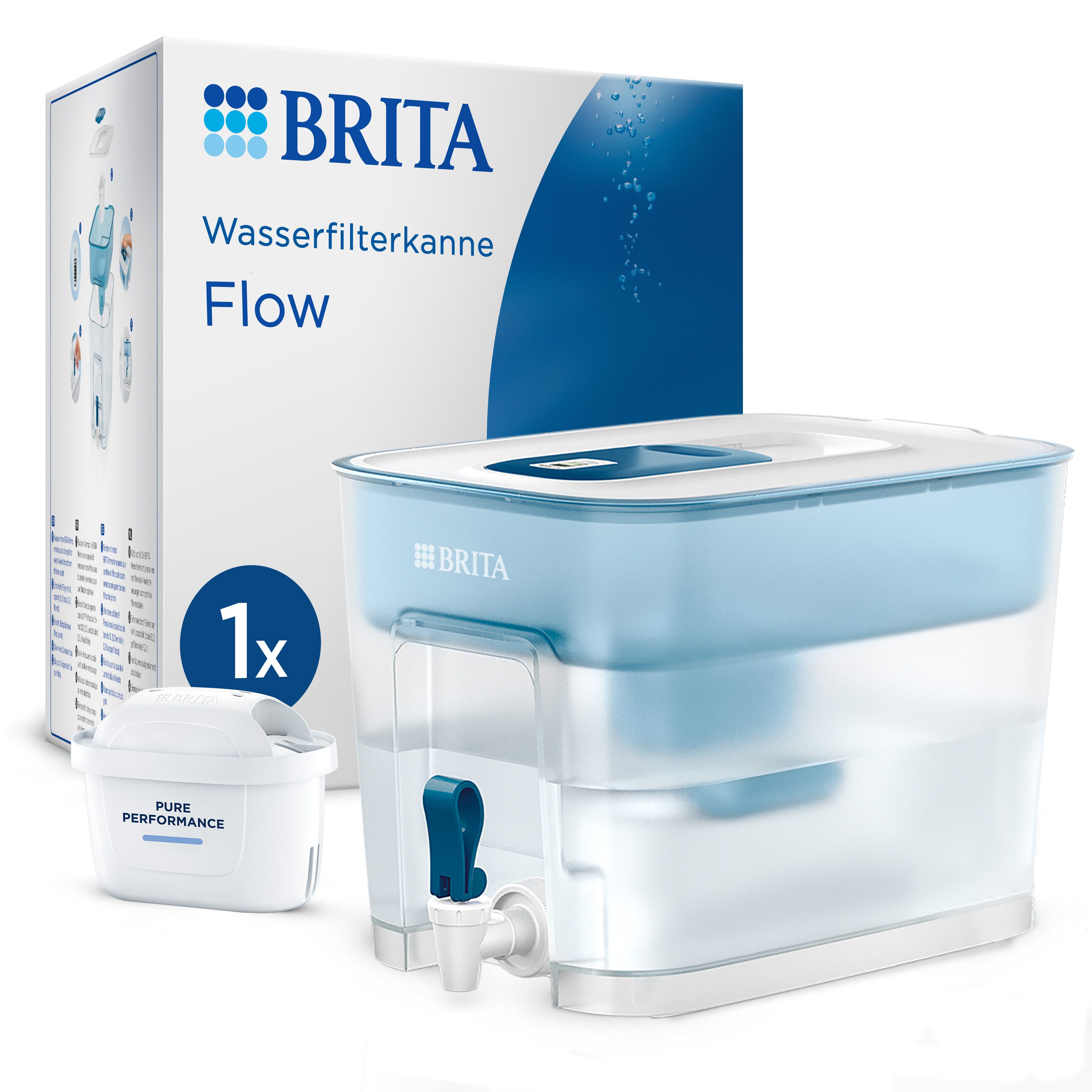 BRITA Wasserfilter XXL-Tank MAXTRA Flow (8,2 l) inkl. 1x Pure Performance Kartusche, Großer Wasserspender mit Filter, Wechselanzeige, reduziert PFAS, Kalk