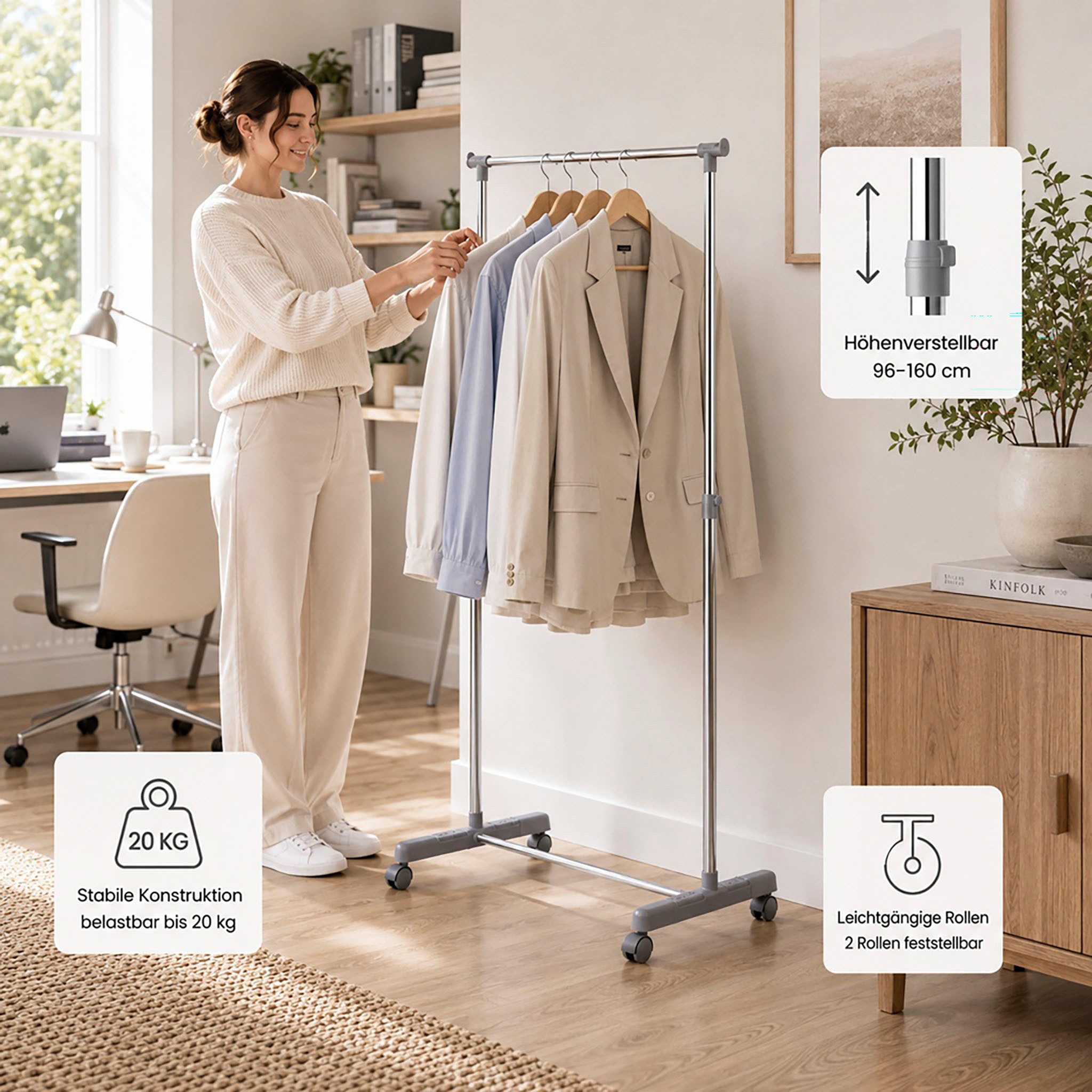 HAKU Garderobenständer Garderobe, Garderobenständer, Kleiderständer auf Rollen, Kleiderwagen, rechteckig - aus Metall Grau - B/T/H 81/39/96-160 cm