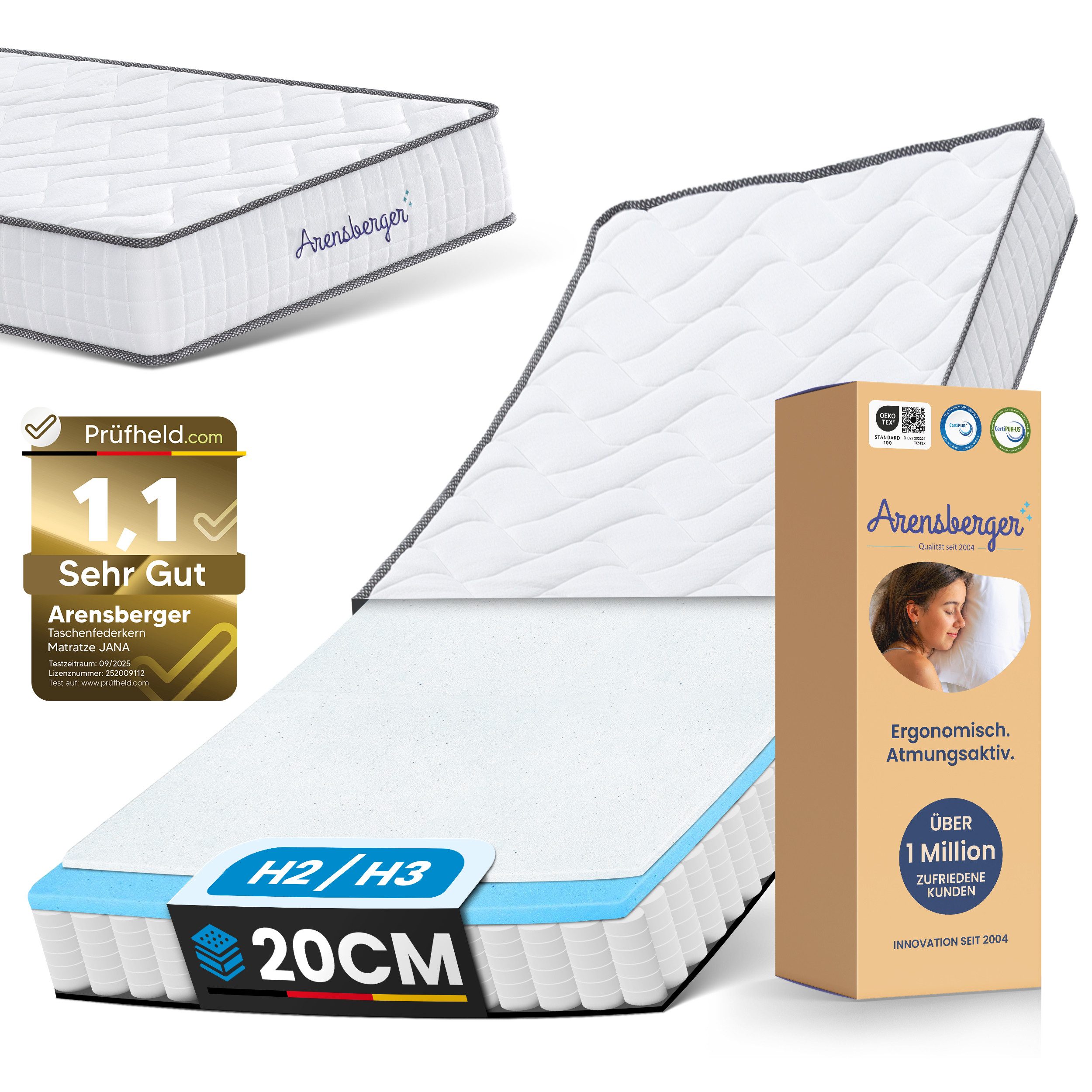 Taschenfederkernmatratze JANA Federkernmatratze - 20cm Höhe - Matratze mit Schaumstoff Schicht, Arensberger, 19 cm hoch, (90x200cm), H2 H3 Mittelfest – 7 Zonen - Federkern - Liegekomfort