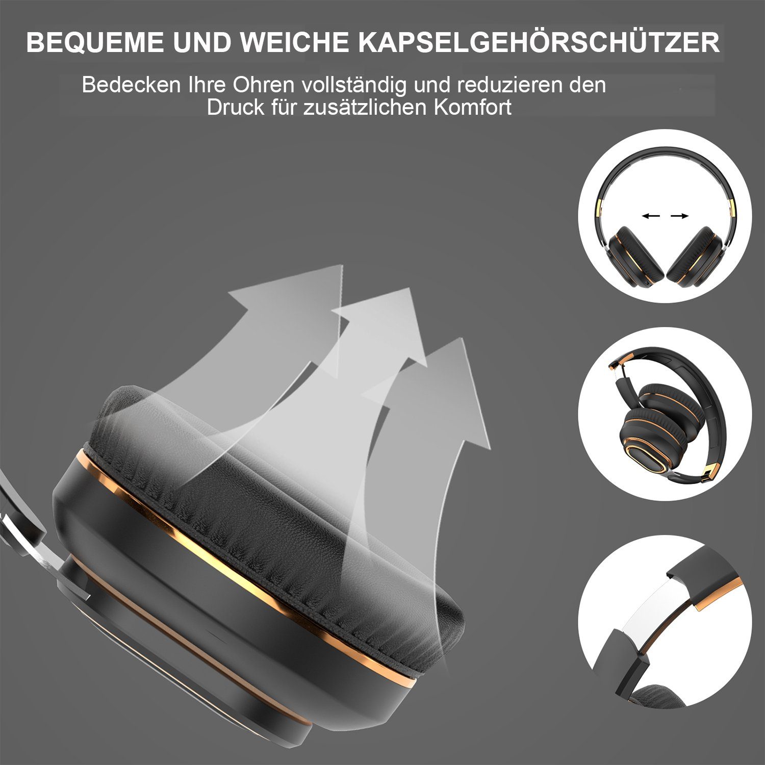 Diida Bluetooth-Headset,Headset für Schwarz Musik, Kopfhörer (Funk-Kopfhörer Over-Ear Gaming-Headset 400mAh) Funk-Kopfhörer (Kabellose