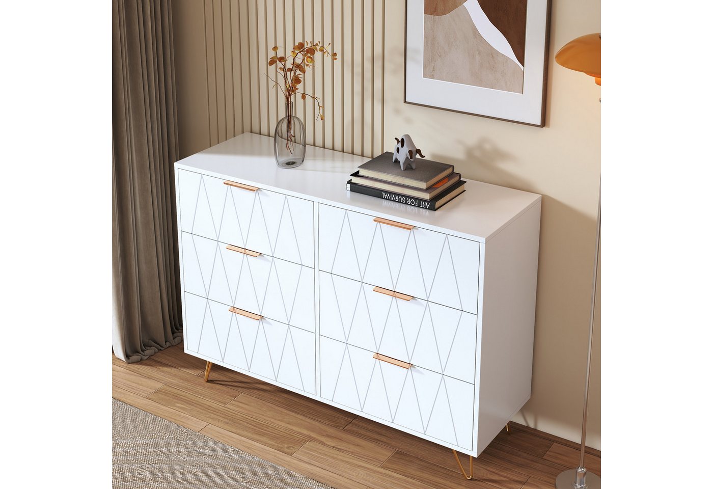 Furnishings Home Kommode Mit 6 Schubladen, Sideboard für Schlafzimmer,Wohnzimmer (Mehrzweckschrank aus Holz, 100 x 34 x 72.5 cm), Aufbewahrungskommode, Schrank für Wohnzimmer,Schlafzimmer,Flur