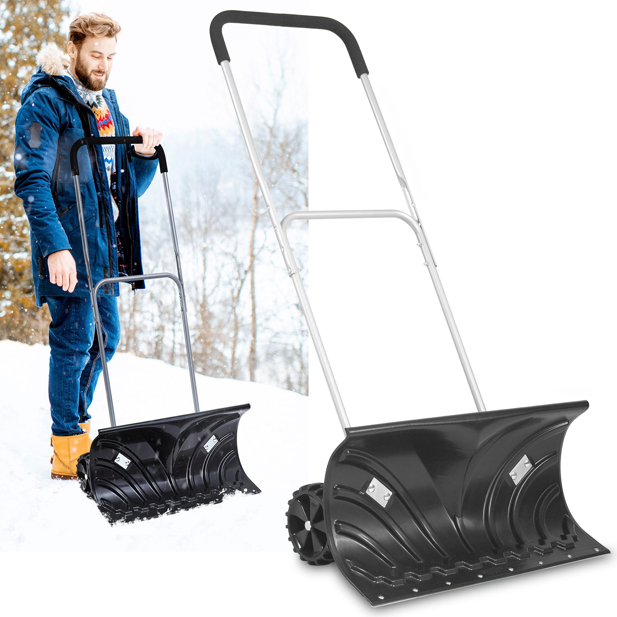 Hecht Schneeschieber Schneeschaufel mit Stiel und Rädern Stahlprofilkante Ergonomisch, 66,00 cm Arbeitsbreite, mit 115,00 cm langem Stiel, Höhenverstellbar - Kunststoffschild - kälteisolierter Griff
