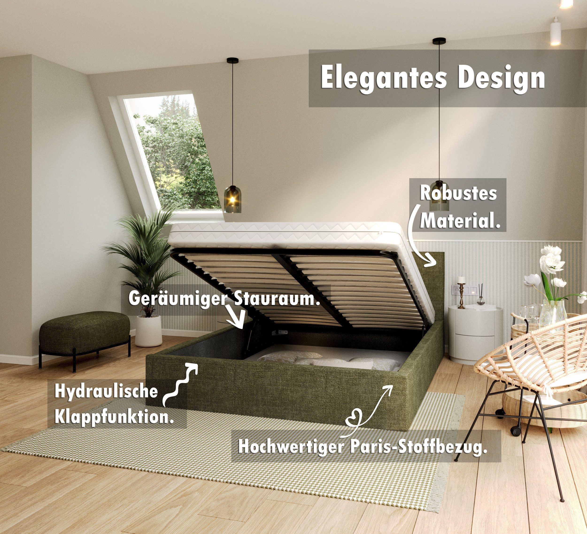 thematys Polsterbett Bett Stauraumbett 90x200, 120x200, 140x200, 160x200, 180x200cm (MADE IN EU - mit hochwertigem fein gewebter Stoff für einen zeitlosen Look, Bettrahmen, Bett, Optional mit Matratze bestellbar, mit großen gepolsterten Kopfteil, mit Bettkasten zum aufklappen), Metallrahmen mit Lattenrost, hydraulische Klappfunktion für Stauraum