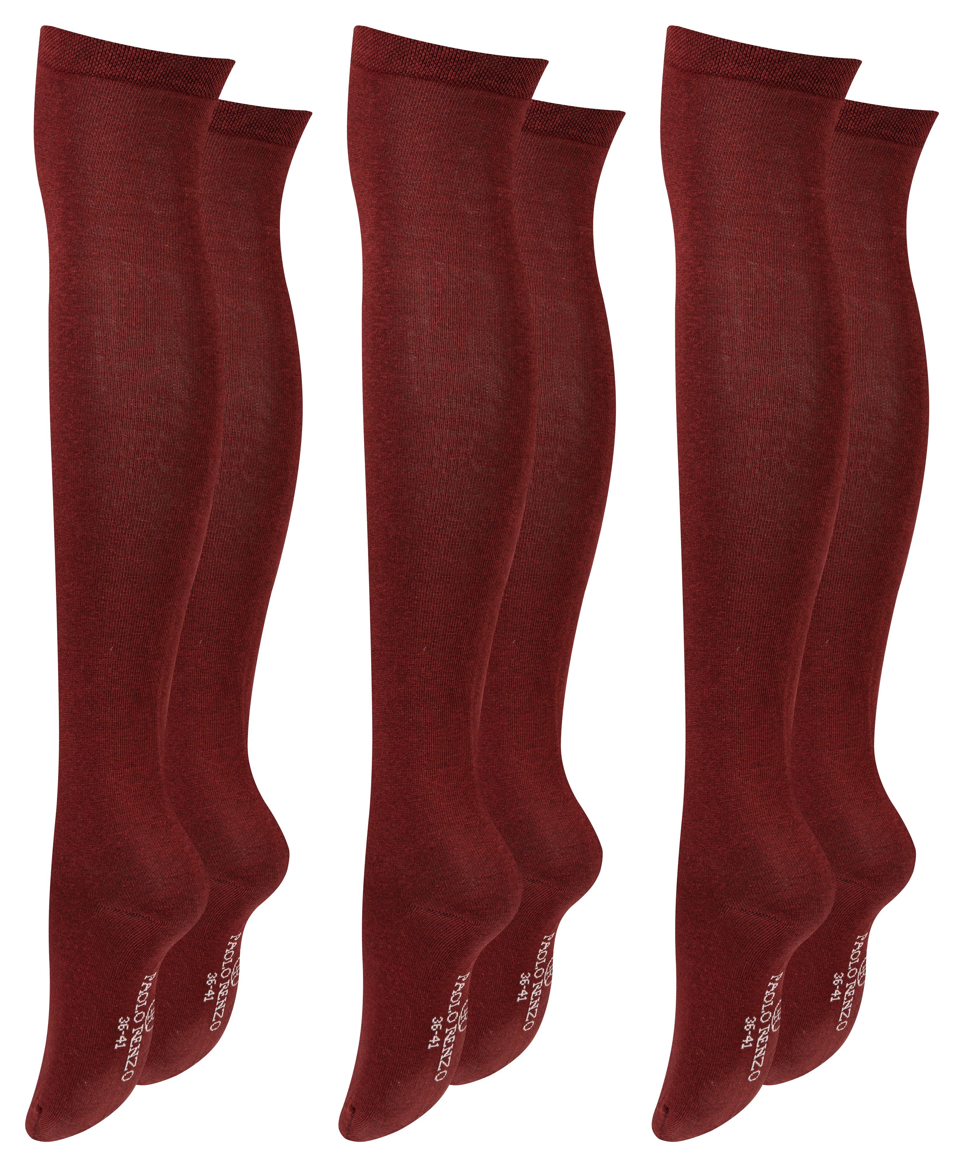 Paolo Renzo Overknees aus hochwertiger Baumwolle und mit breitem Pique-Komfortbund (3-Paar) Atmungsaktive Damen Overknee Strümpfe - Uni - Einheitsgröße Bordeaux-Rot