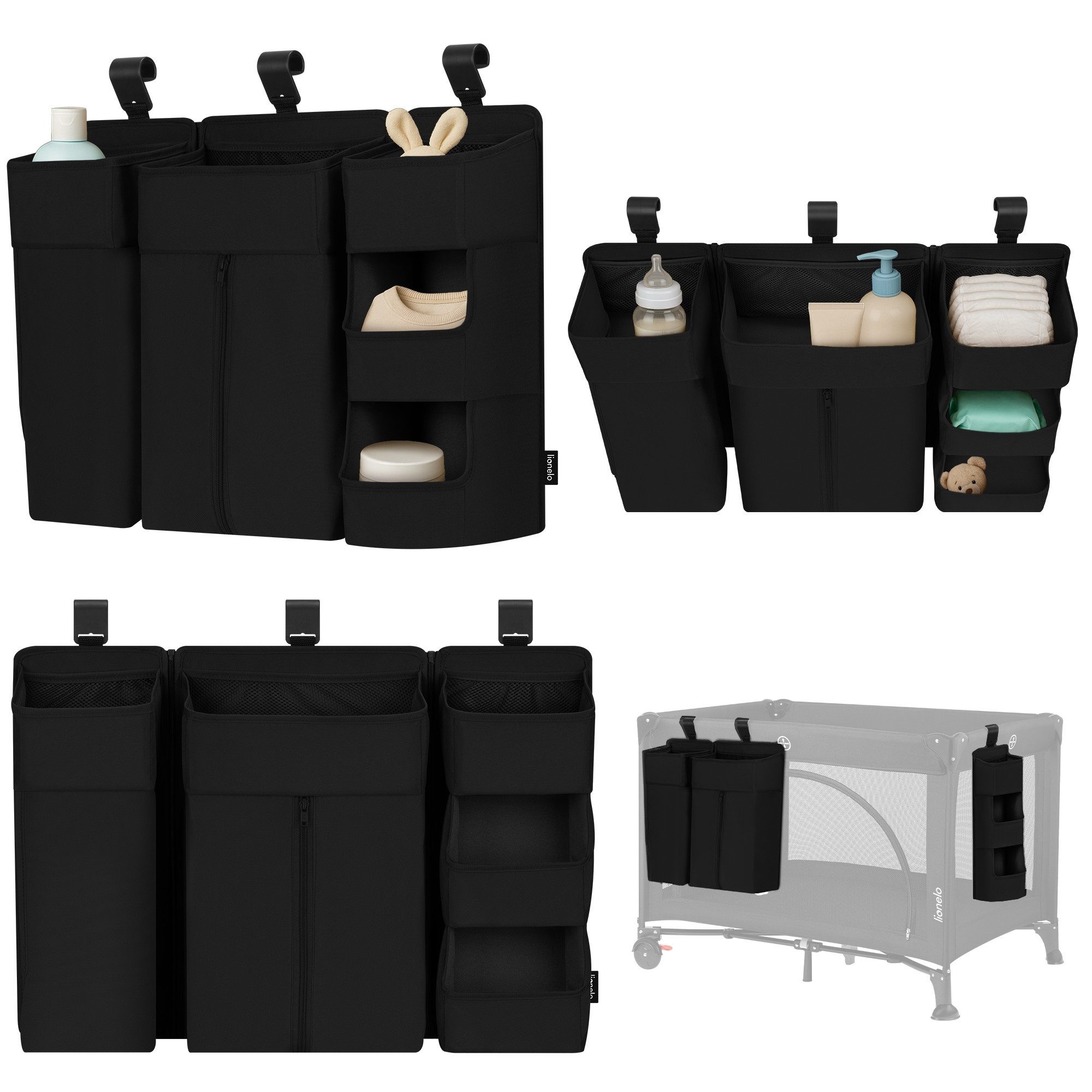 lionelo Betttasche SIDEPOCKET LARGE (Set, Set), 3Teile/modulareStruktur/Haken&Klett/PP-Platten/weiche Kanten