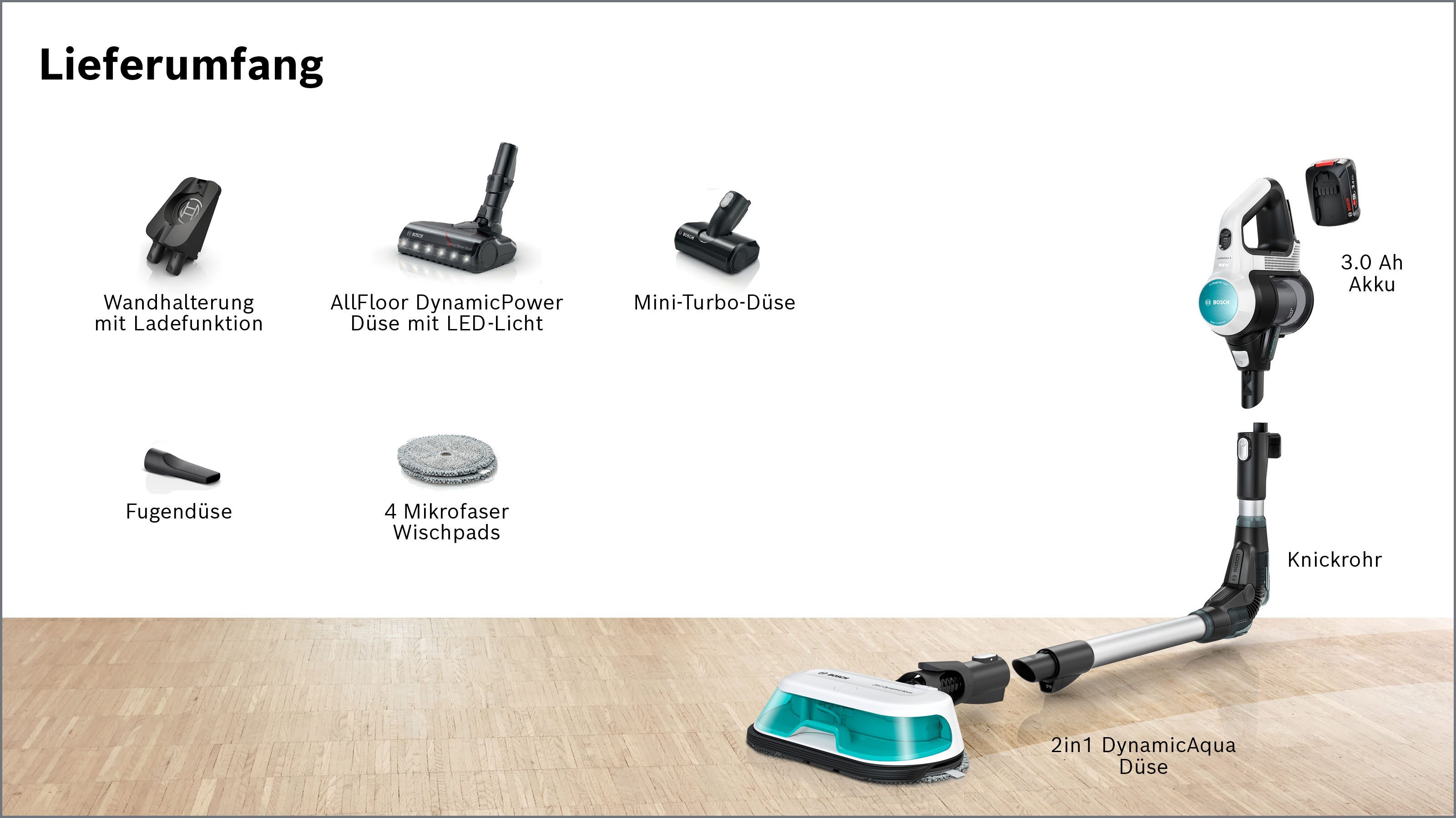 BOSCH Akku-Stielstaubsauger Unlimited 7 ProHygienic Aqua BKS71HYG4, 2in1 Saugen & Wischen, beutellos, Knickrohr, Hygiene-Filter, 10 J. Motorgarantie, Mini-Turbo-Düse, weiß