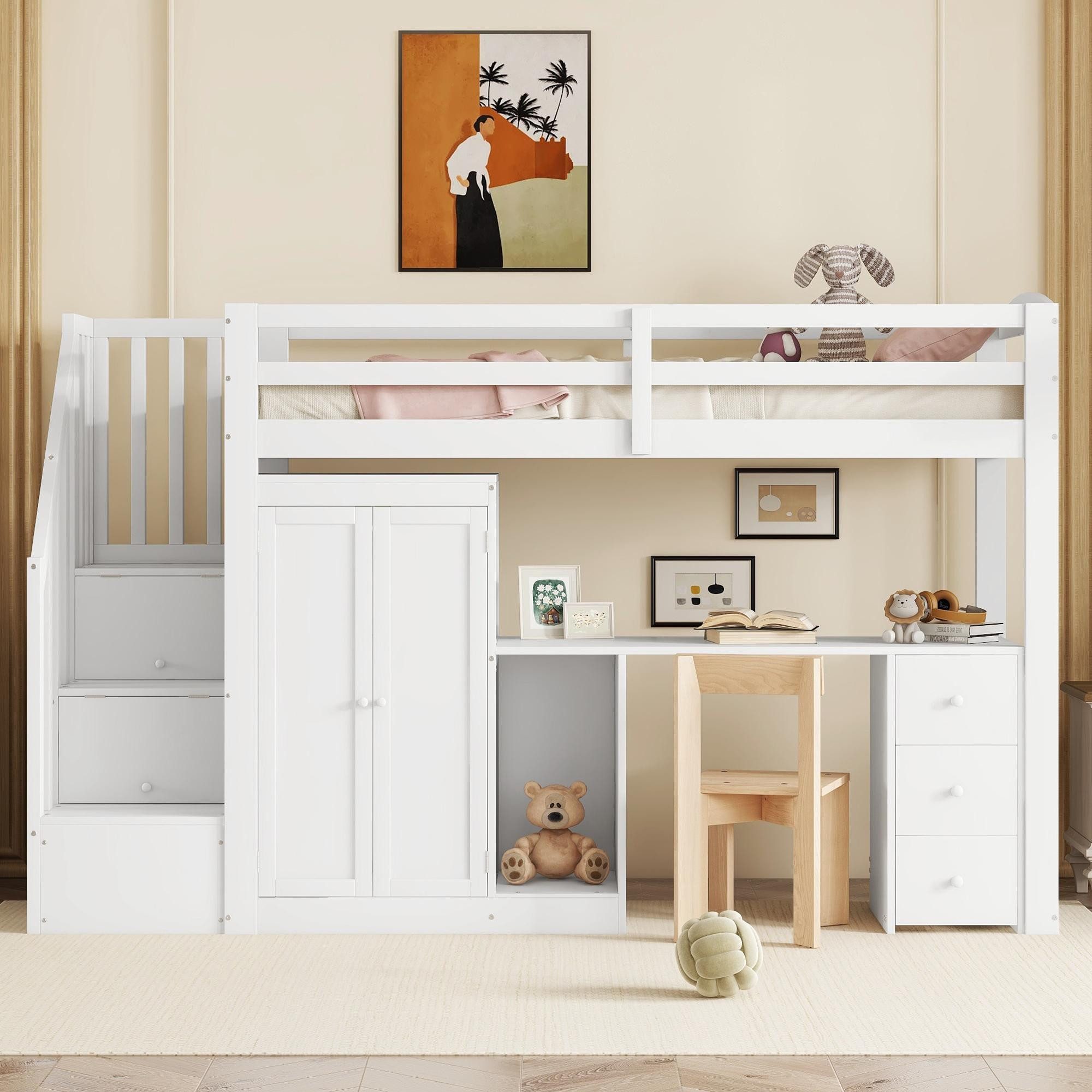 Merax Hochbett 90x200cm mit Rausfallschutz und Lattenrost mit Kleiderschrank, Schreibtisch und Schubladen, Kinderbett