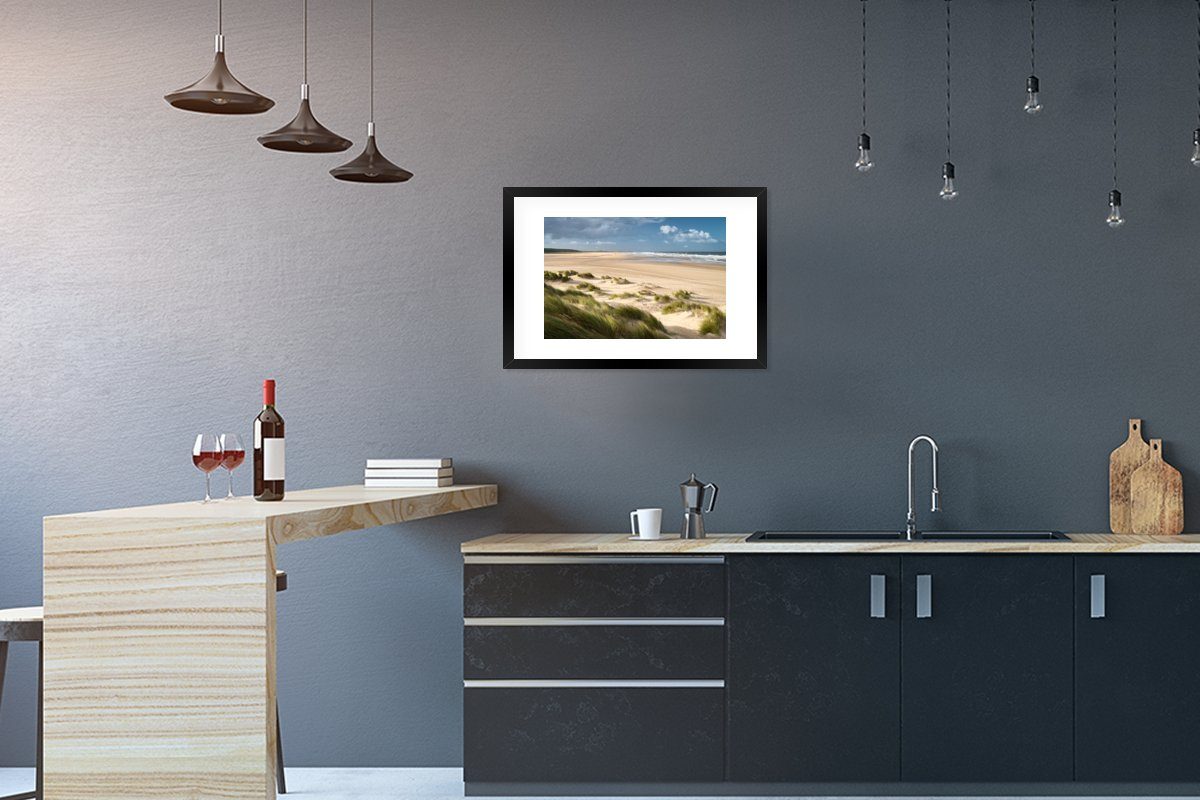 Gerahmtes Rahmen, Sand (1 St), MuchoWow Meer, Kunstdruck, Bilderrahmen Poster Düne - Schwarzem - Poster, mit