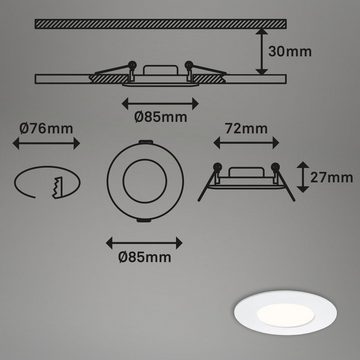 Briloner Leuchten LED Einbauleuchte 7113-436, LED fest verbaut, Warmweiß, 3er Set, ultraflach, IP44, weiß, 8,5 cm
