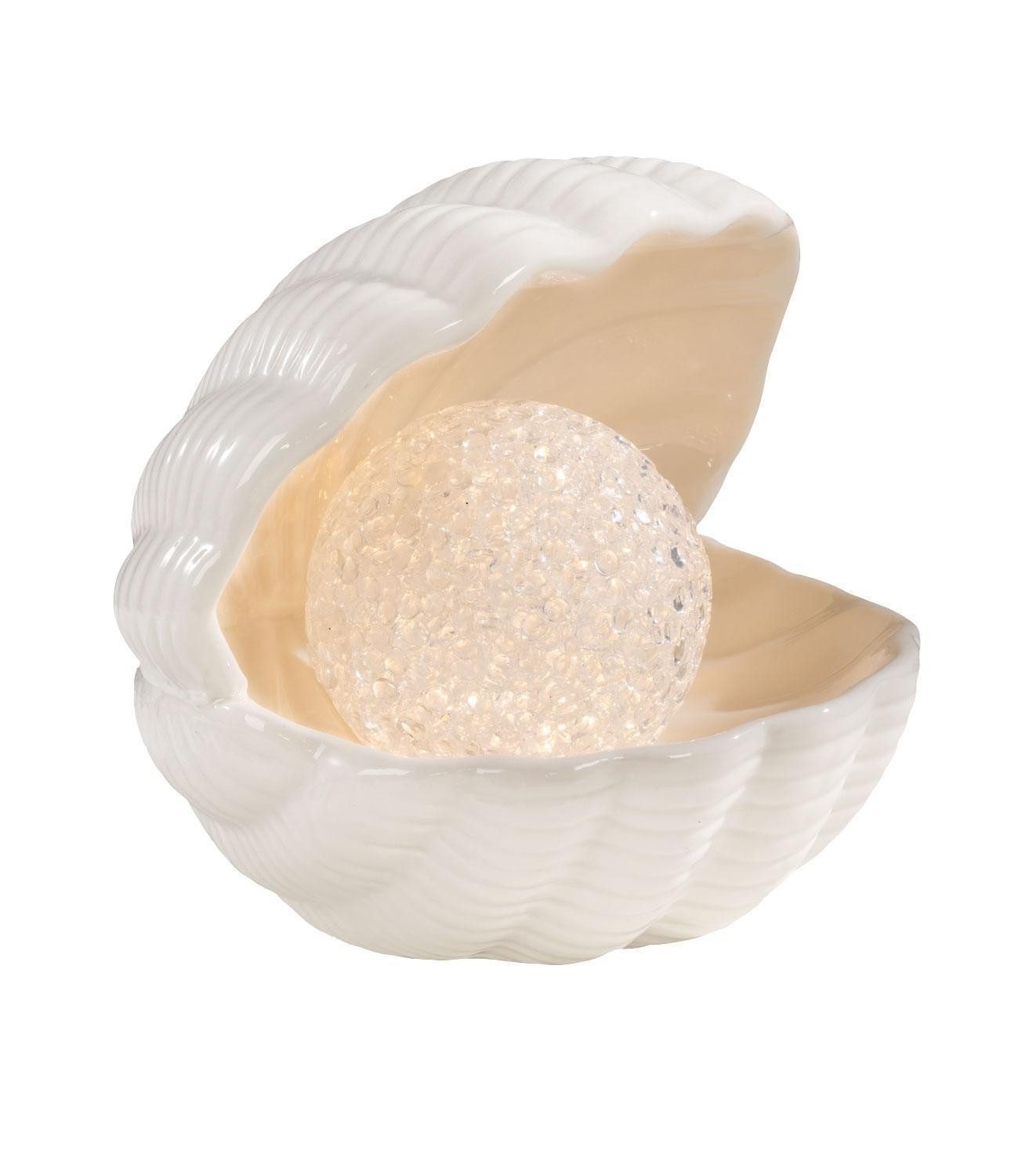 LED Dekoobjekt Muschel TIRELLA, Weiß, Keramik, Kunststoff, LED fest integriert, Batteriebetrieben, B 14 x H 16 x T 13 cm