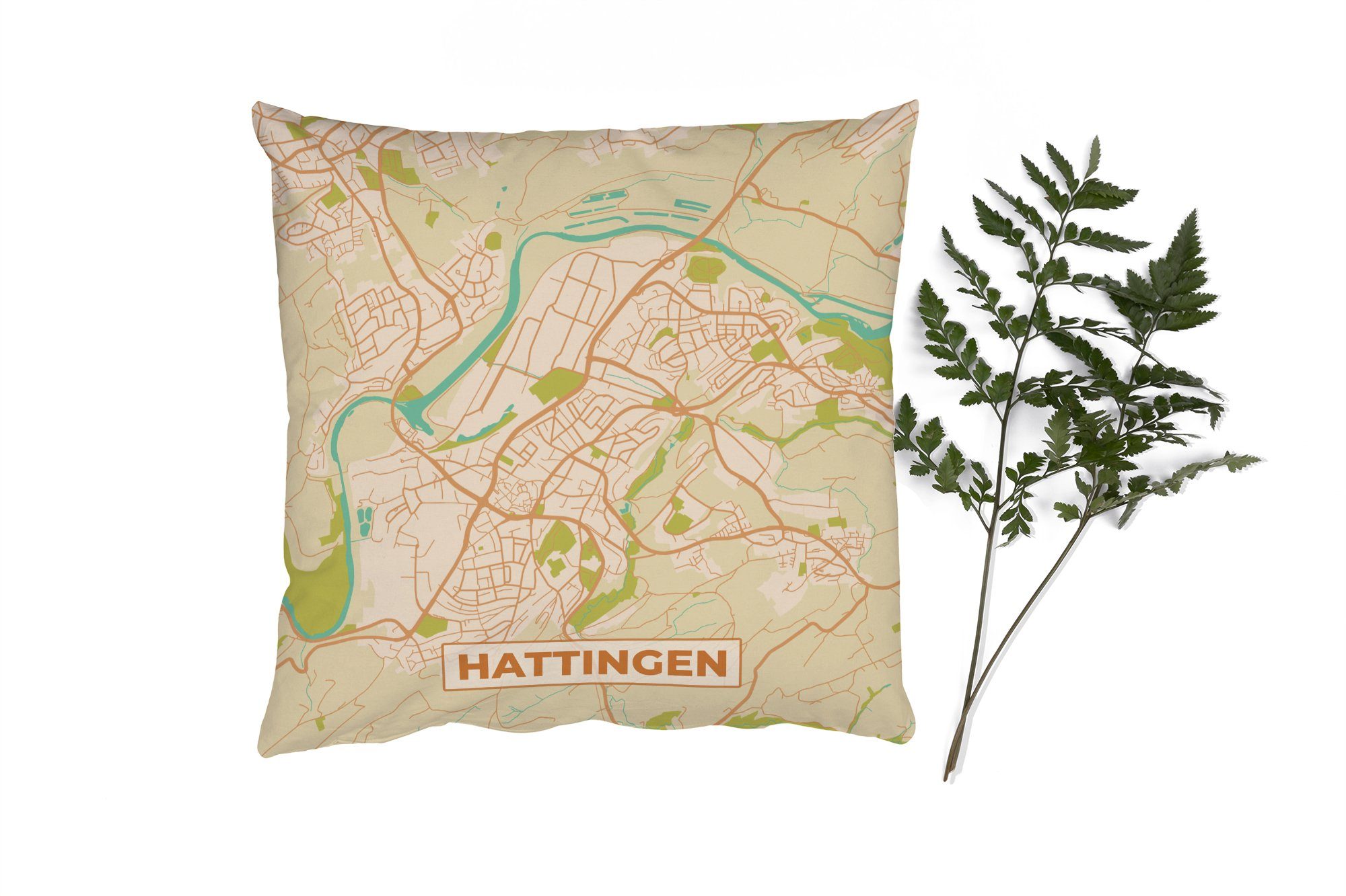 MuchoWow Dekokissen Hattingen - Karte - Stadtplan - Vintage, Zierkissen mit Füllung für Wohzimmer, Schlafzimmer, Deko, Sofakissen