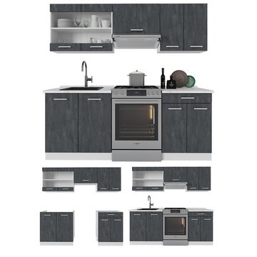 Livinity® Küchenzeile R-Line, Schwarz Beton/Weiß, 200 cm AP Marmor