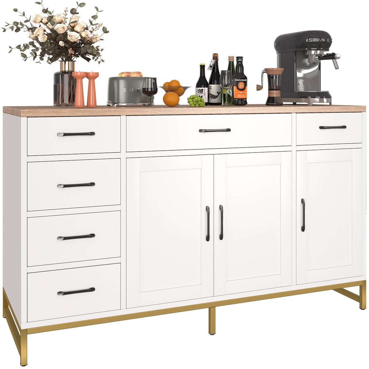 Mihtrov Sideboard mit 6 Schubladen & verstellbaren Einlegeböden, 3 Türen (1 St), Kommode für Schlafzimmer/Wohnzimmer, 140×40×80cm