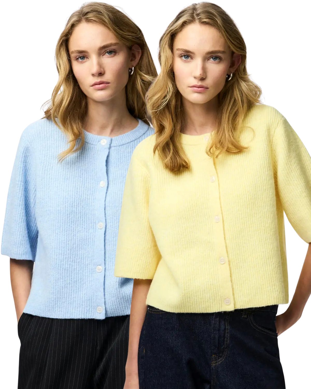 pieces Strickjacke (Spar-Set, 2er-Pack) Rippstrick-Cardigan mit kurzen, voluminösen Ärmeln