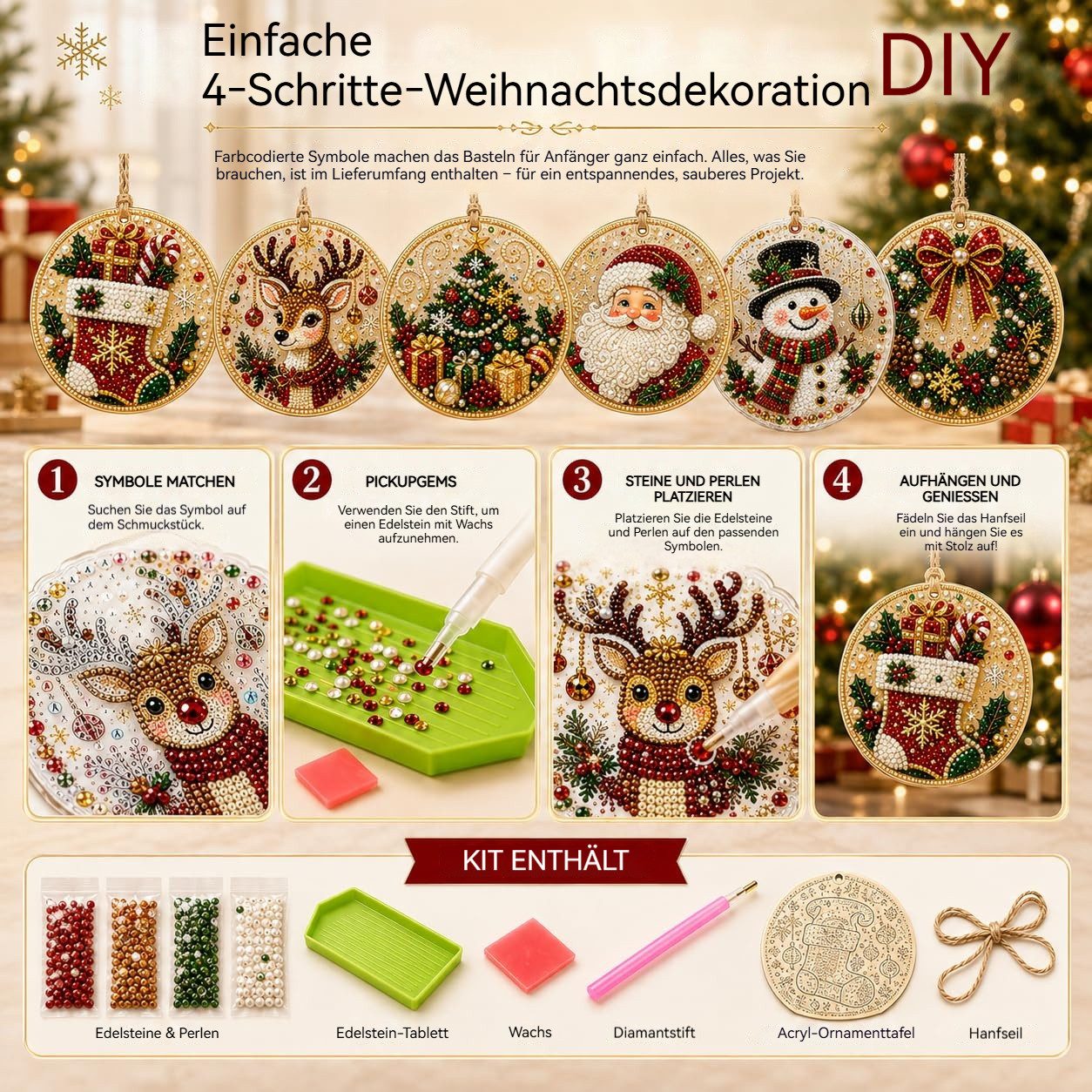 Bomiclss Christbaumschmuck 6-teiliges Weihnachtsbaumschmuck-Set–DIY Perlen-Diamantmalerei (6-tlg), Bastelsets für Erwachsene Perlen-Bastelsets – Bild 4 von 5