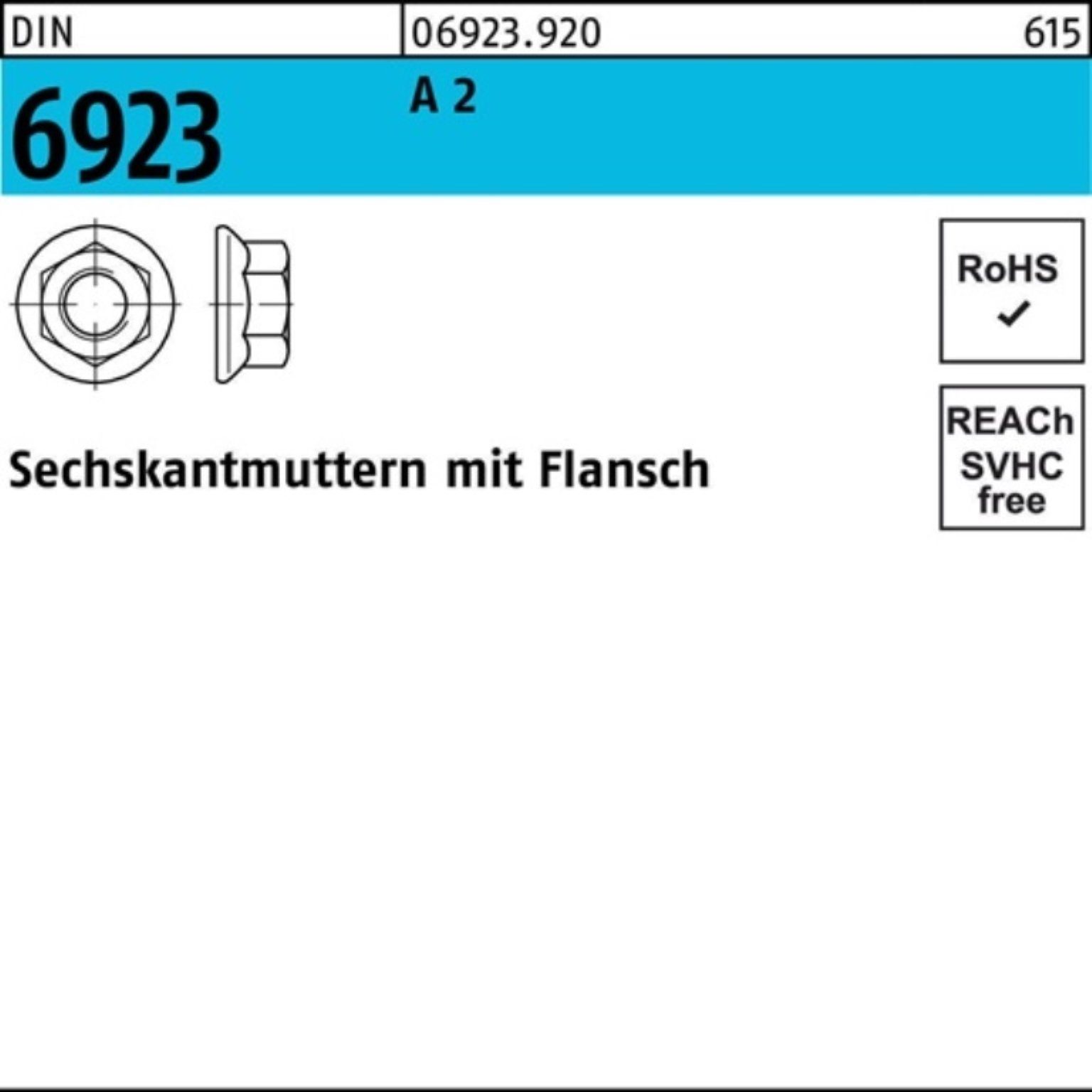 Reyher Muttern 1000er Pack Sechskantmutter DIN 6923 Flansch M6 A 2 1000 Stück DIN 69