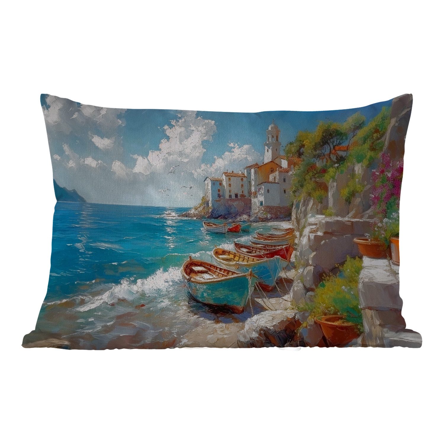 MuchoWow Dekokissen Boote - Felsen - Meer - Sonne, Outdoor-Dekorationskissen, Kissen, Kissenbezug, 50x30 cm