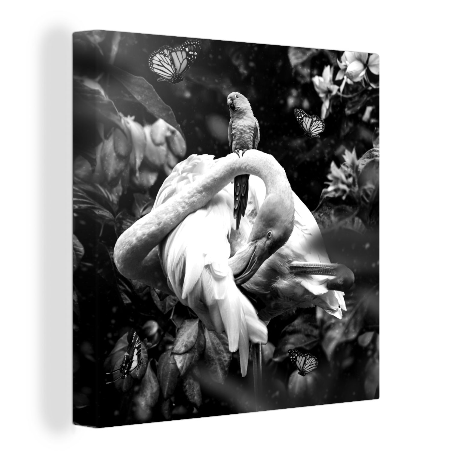 OneMillionCanvasses® Leinwandbild Pflanzen - Flamingo - Dschungel - Schwarz - Weiß, (1 St), Leinwand Bilder für Wohnzimmer Schlafzimmer
