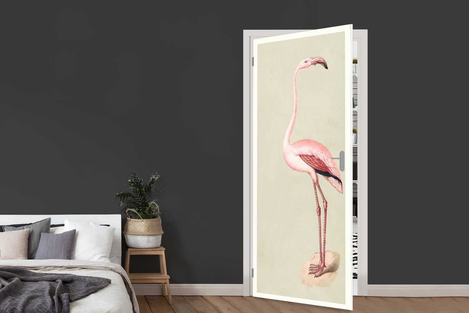 Matt, (1 75x205 Türaufkleber, Flamingo, St), Antiker cm Fototapete für MuchoWow Tür, Türtapete Vogel-Druck bedruckt,