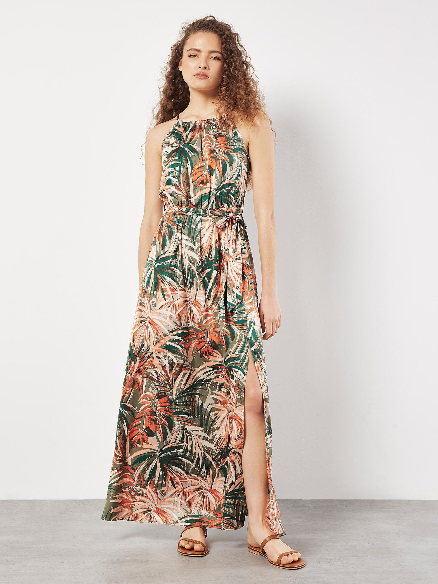Apricot Maxikleid Tropical Leaf Satin Dress mit Bindeband günstig online kaufen