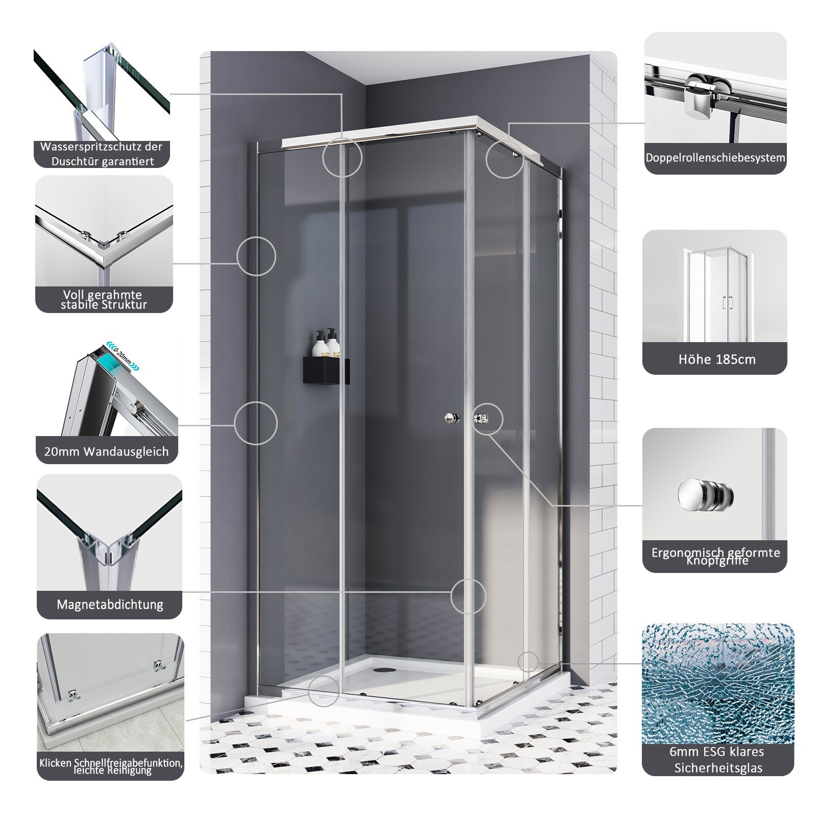 Boromal Eckdusche Duschkabine 75x90 90x75 H:185cm günstig online kaufen