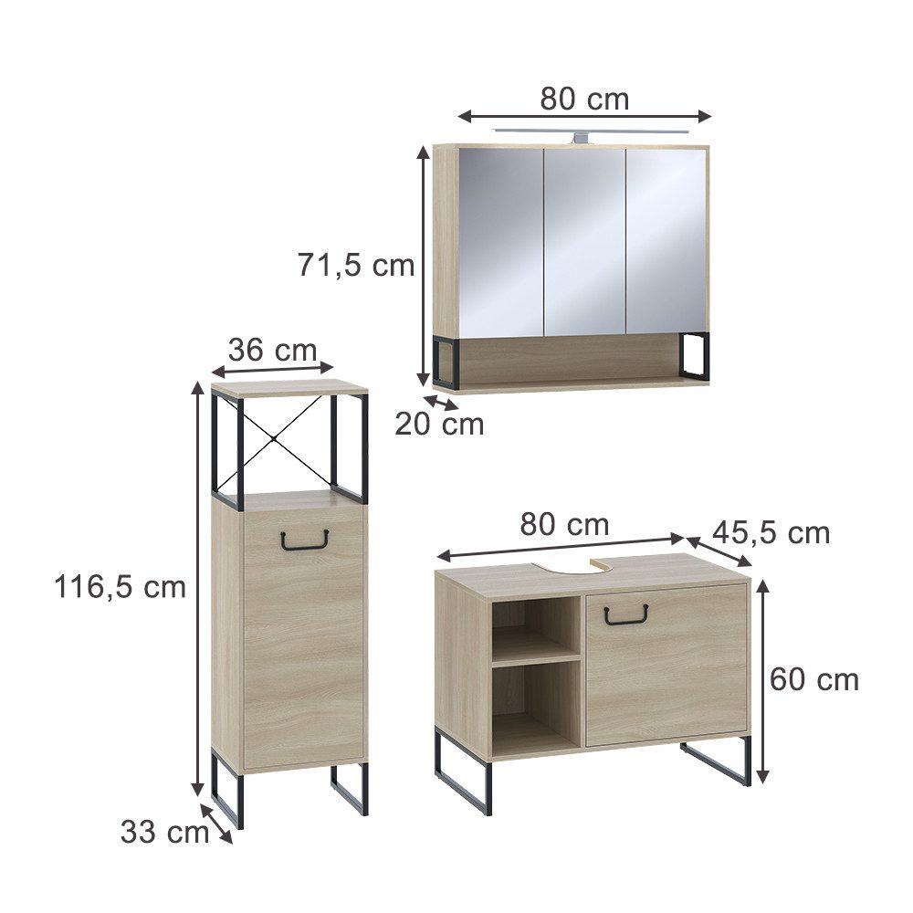 Vicco Badmöbel-Set Vionna, Eiche, 3 Teile, günstig online kaufen