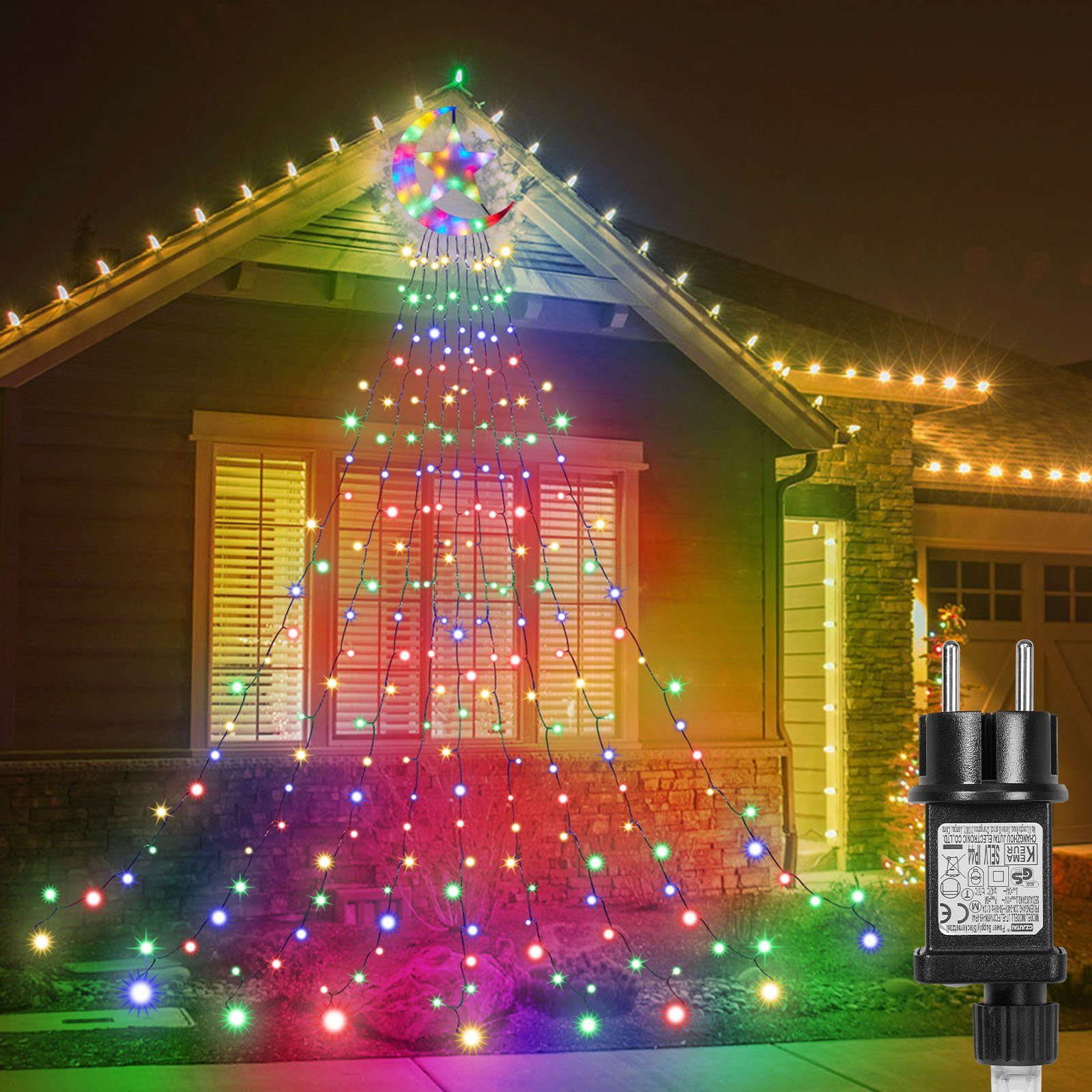 Sunicol LED-Lichterkette Timer Weihnachtsbaum Beleuchtung Außen Party Garten Deko, 8 Modi, Lichterkette mit Stern Wasserfall, Wasserdicht Nachtlicht Mehrfarbig