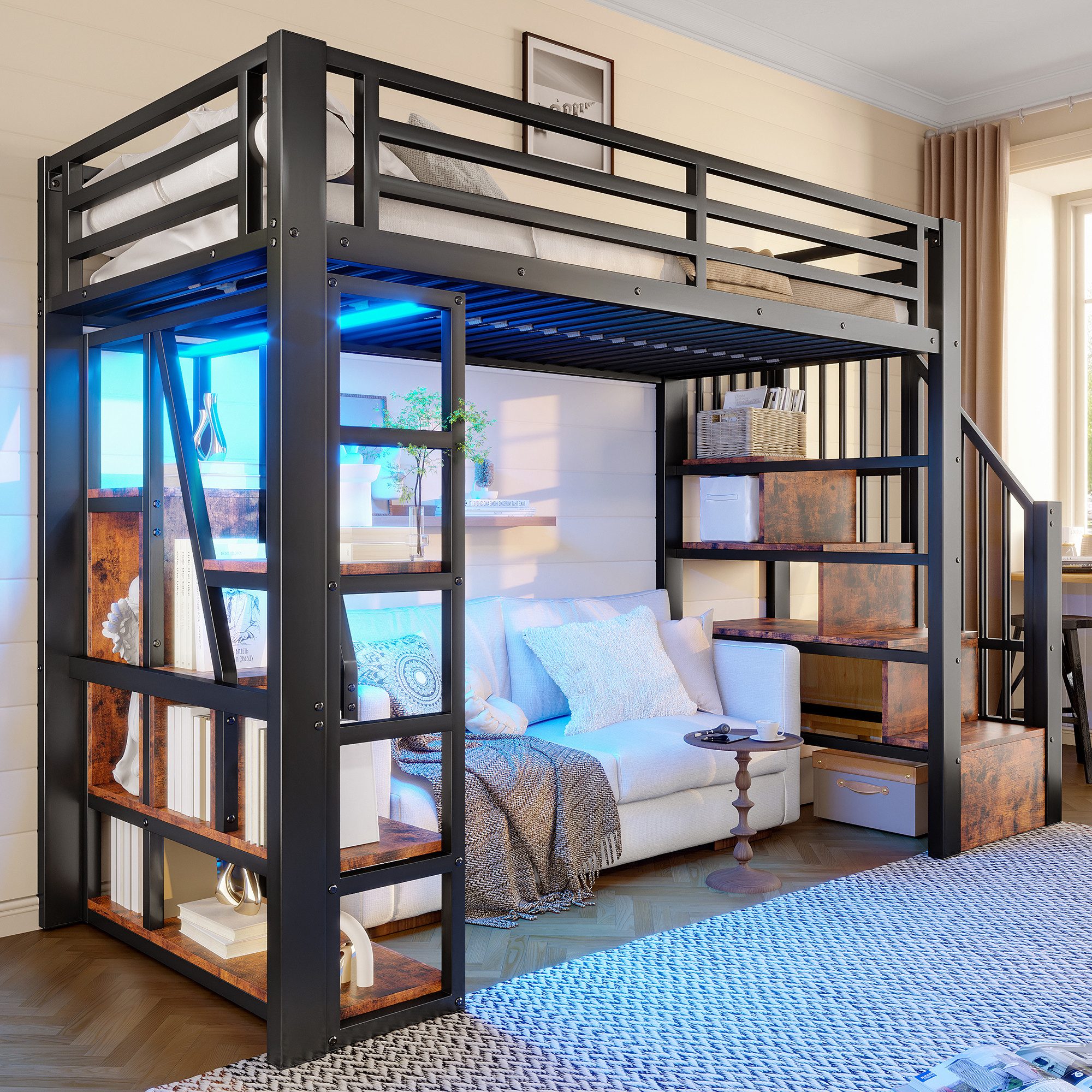 Odikalo Hochbett Metallbett 90x200 140x200 mit Stauraum,LED günstig online kaufen