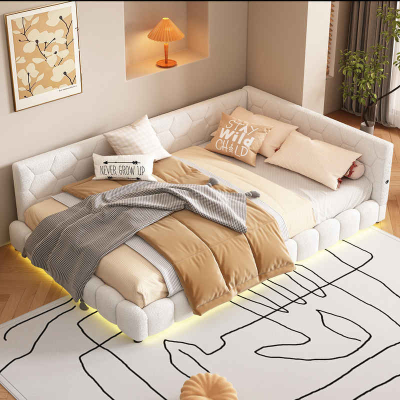 HAUSS SPLOE Daybett 140*200cm mit Umgebungslicht, USB-Anschluss, Ohne Matratze Weiß, Tagesbett für Schlafzimmer, Kinderzimmer