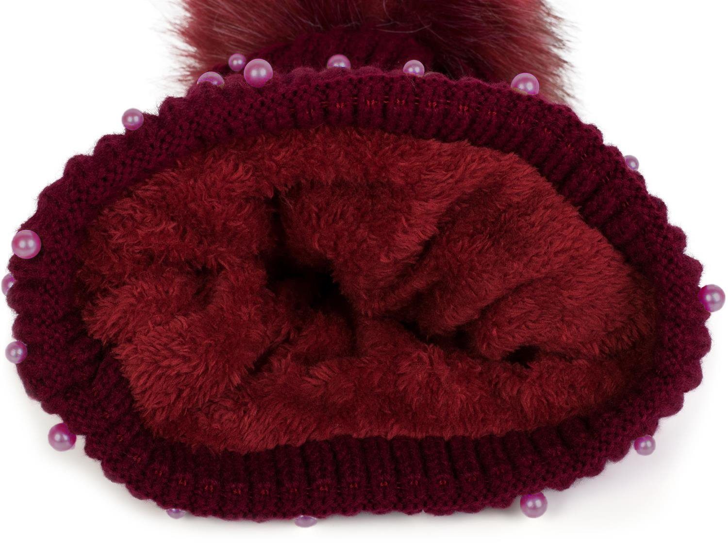 Fleece styleBREAKER Futter Perlen Strick mit (1-St) Bordeaux-Rot Bommelmütze Bommelmütze und