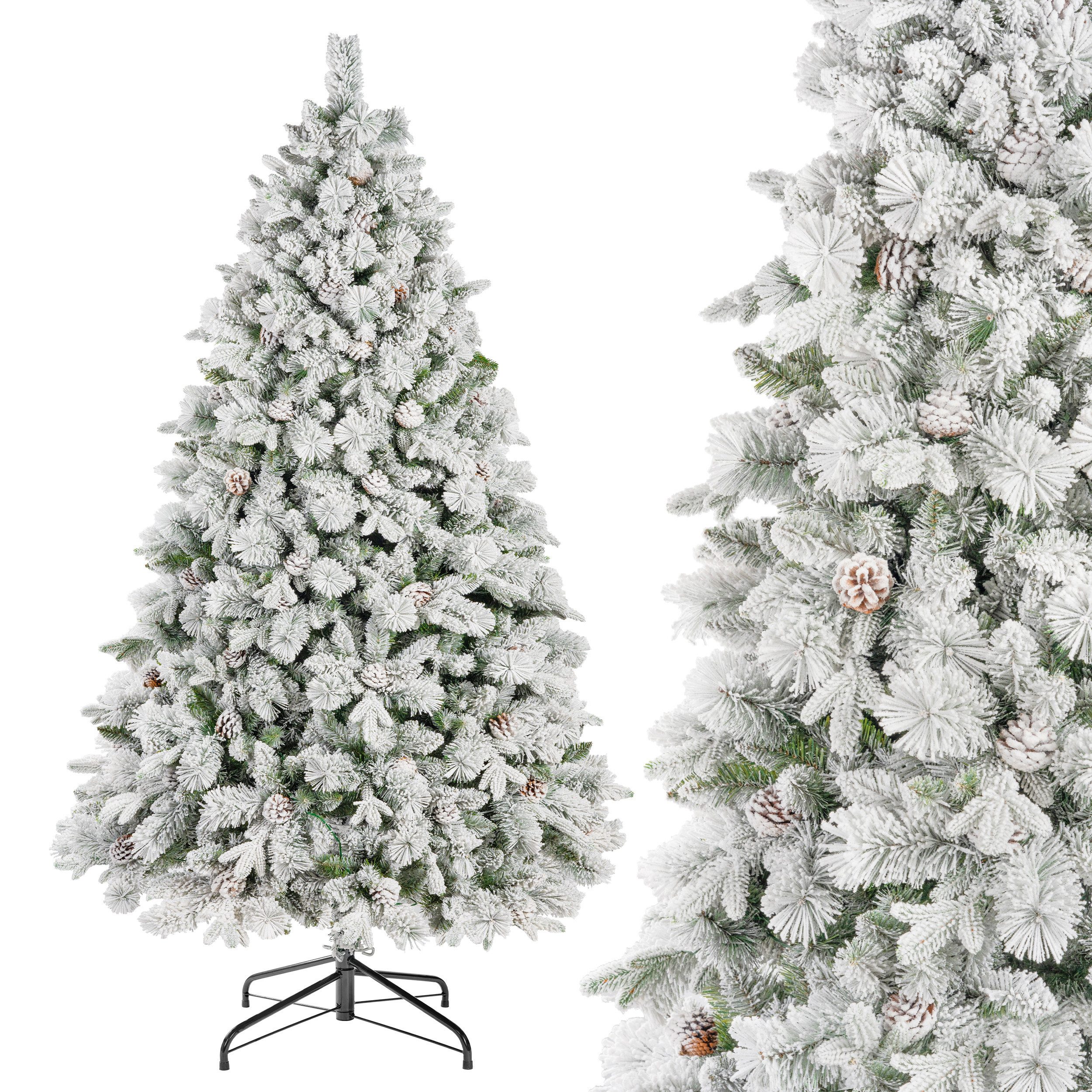 Sinaopus Künstlicher Weihnachtsbaum 180 cm Schneetanne, echte Zapfen, 300 LEDs, 8 Lichtmodi, beflockt, Beflockte Wintertanne, echte Zapfen, Mischzweige, warmgelbes Licht, 300 LEDs, 8 Lichtmodi, echte Schneezapfen, formbare Zweige, Metallfuß