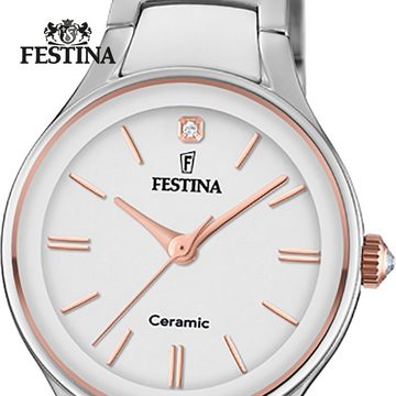 Festina Quarzuhr Festina Damen Uhr F20474/2 Stahl Keramik, Damen Armbanduhr rund, Edelstahl, Keramikarmband weiß, silber