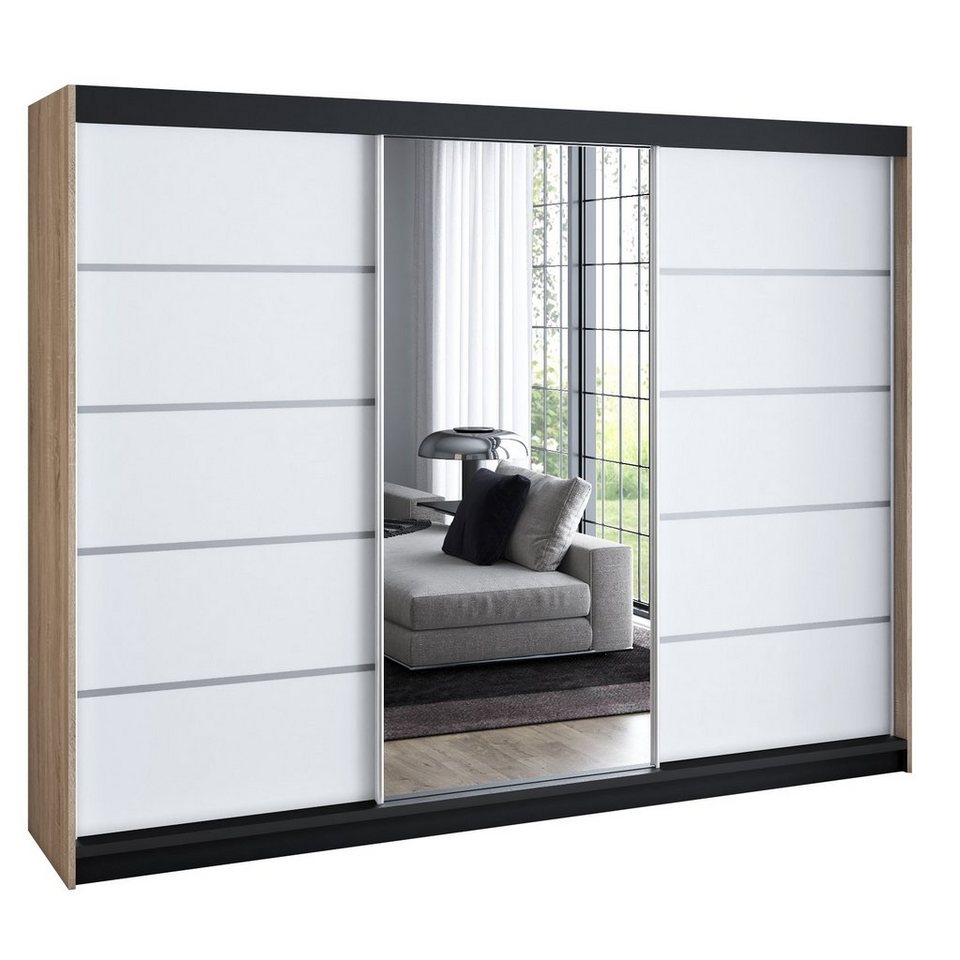 A&J MöbelLand GmbH Schiebetürenschrank VILUNO mit 4 Schubladen und Spiegel (nur für kurze Zeit! TOP ANGEBOT! Geräumiger Schrank mit einer Breite von 200 cm und Spiegel, ideal zur Aufbewahrung von Kleidung und Accessoires. 4 Schubladen und viel Stauraum. T